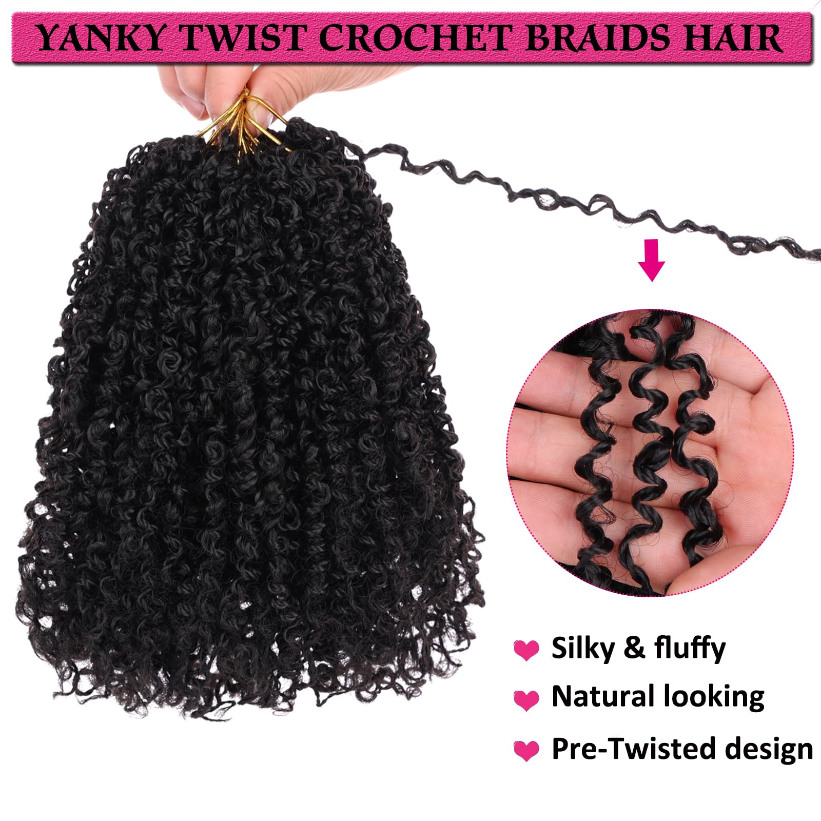 Unionbeauty 8 Packs Pre-looped Yanky Twist Crochet Braids Hair 8 Inch 30 Strands/PCS Natural Black Pre-twisted Passion Twist Boh