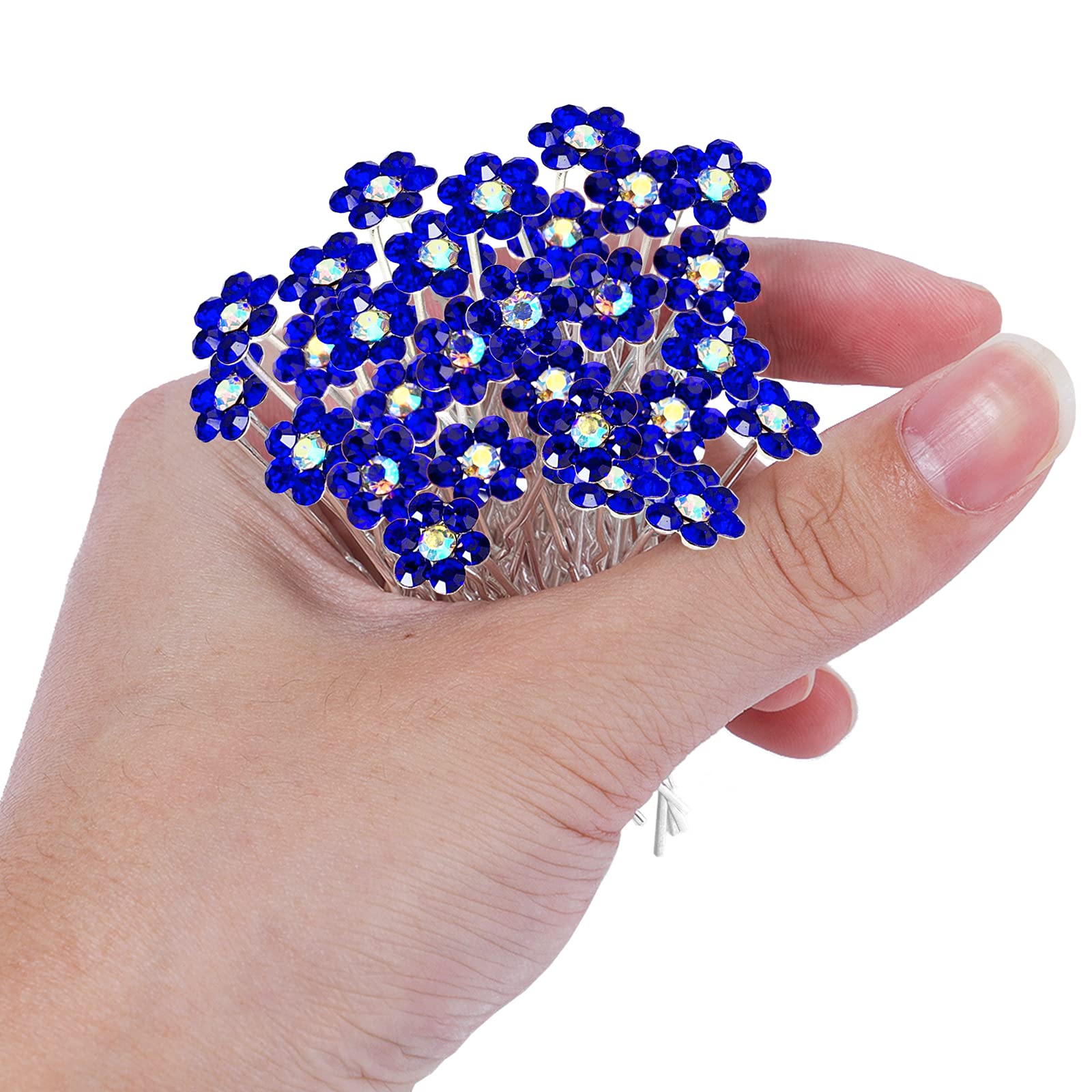 Betiteto Rhinestone Flower Hair Pins, 40 Pcs U-Shaped Crystal Party Wedding Bridal Hair Accessories For Women Girls (Blue)