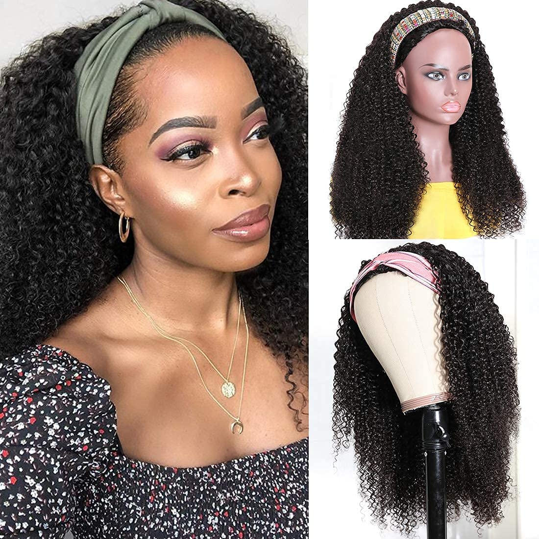 Nadula Hair Afro Kinky Curly Half Wigs Human Hair For African American Women, 100% Virgin Human Hair Headband Curly 3/4 Half Wig