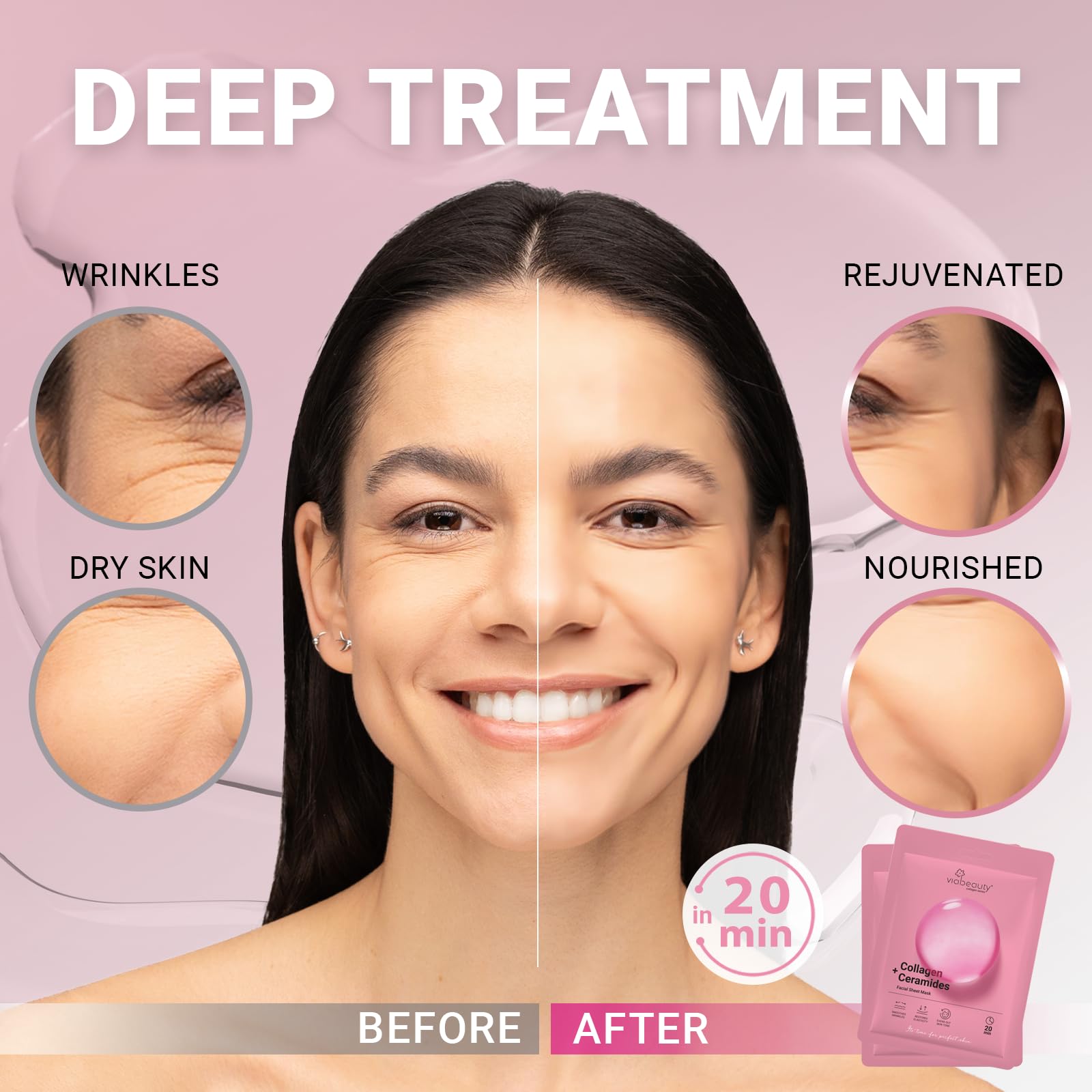 Viabeauty 12 Pack Of Collagen Face Mask With Ceramides - Rejuvenating Facial Sheet Mask, Reduce Wrinkles & Fine Lines - Face Mas