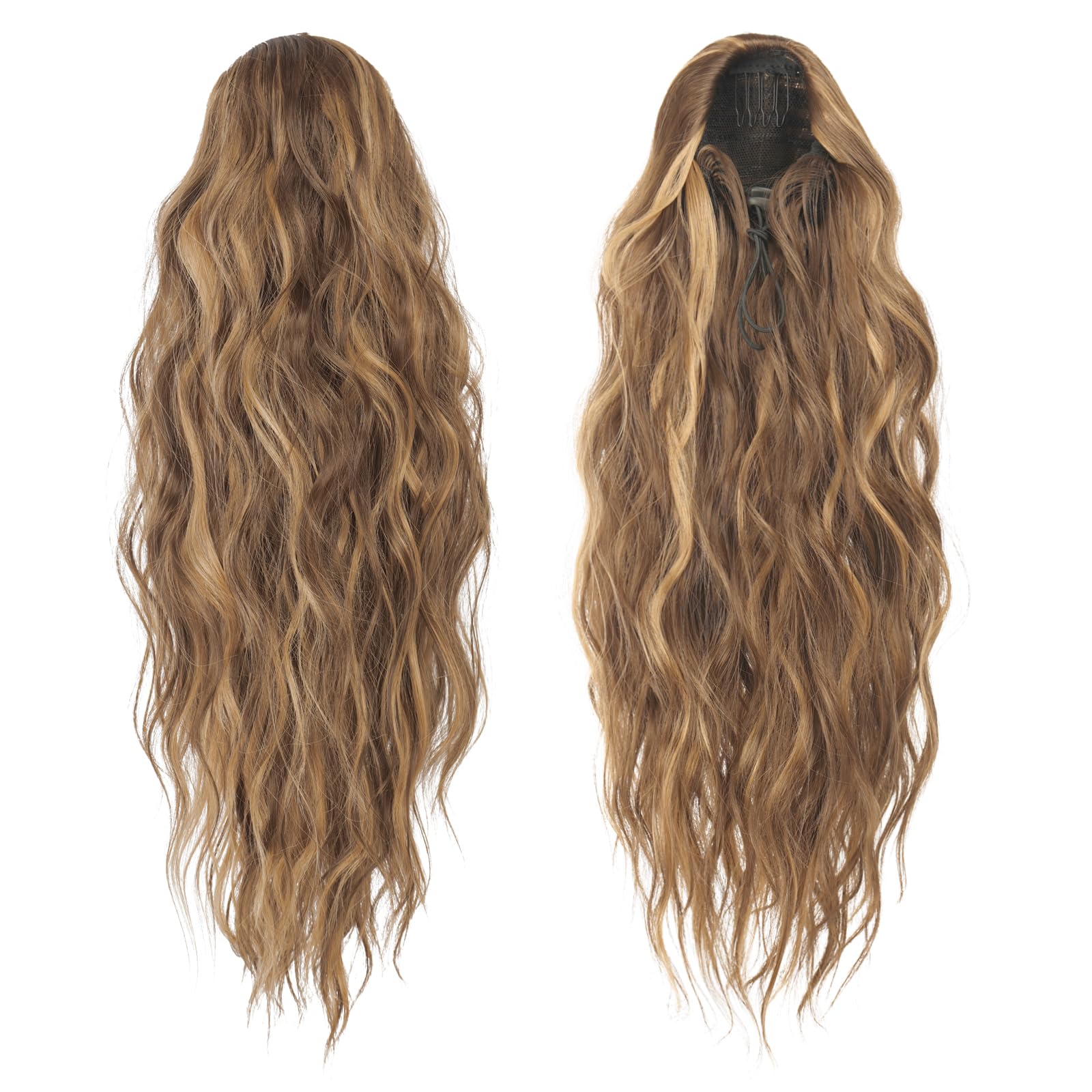 Feshfen Ponytail Extensions, Drawstring Ponytails Hair Extension Golden Brown Mix Blonde Long Curly Wavy Hair Piece Synthetic Po