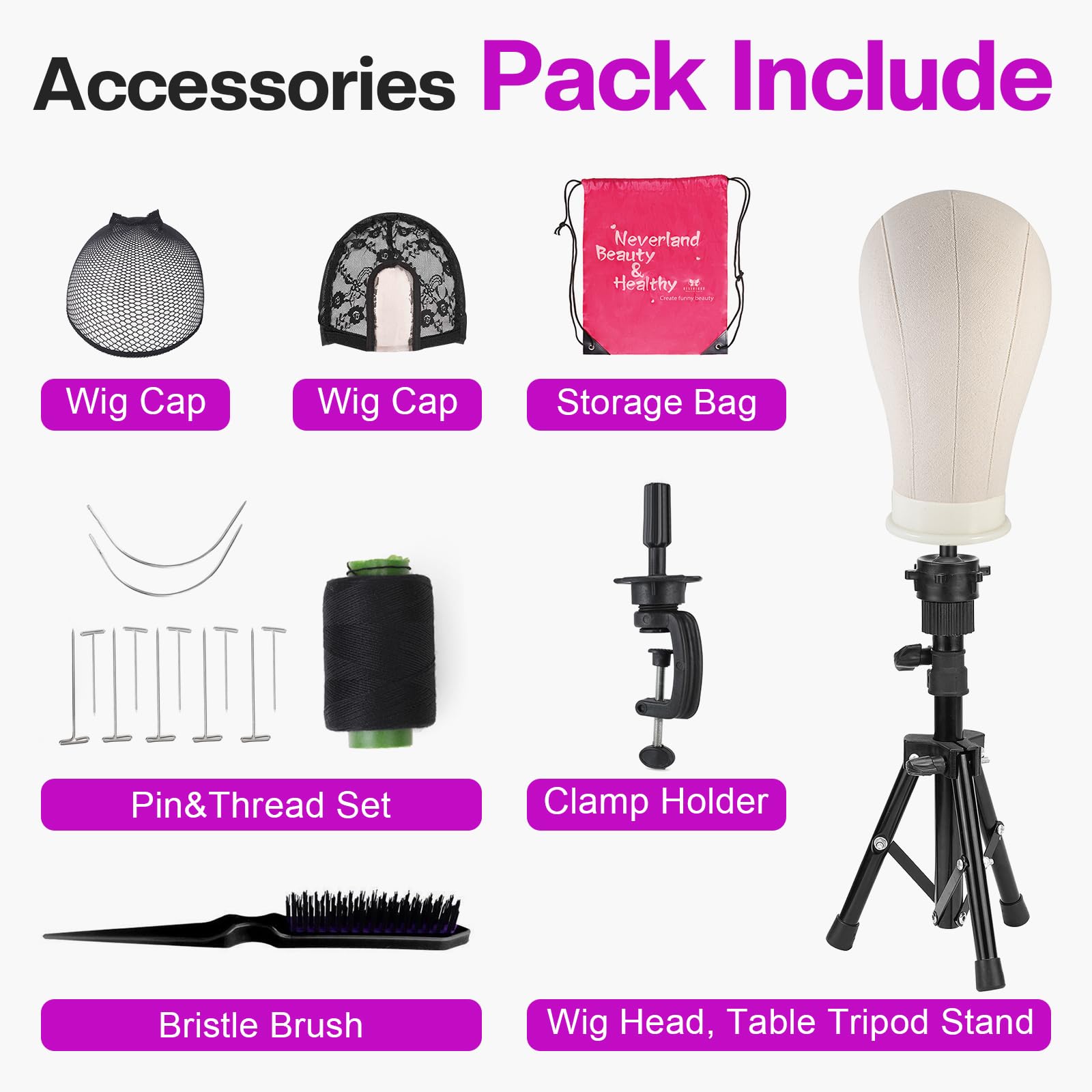 Neverland Beauty & Health 23 Inch Canvas Wig Head Stand Tripod Set, A-White, 6 Pieces with Mannequin Head, T Pins, and Brush