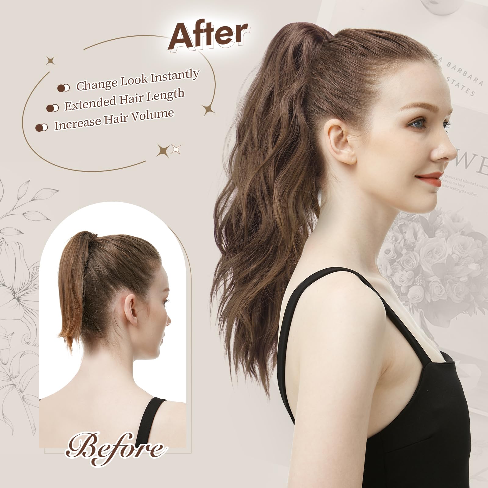 Feshfen Ponytail Extensions, Long Claw Clip In Ponytail Hairpiece Synthetic Pony Tails Hair Piece Natural Wavy Hairpieces For Wo