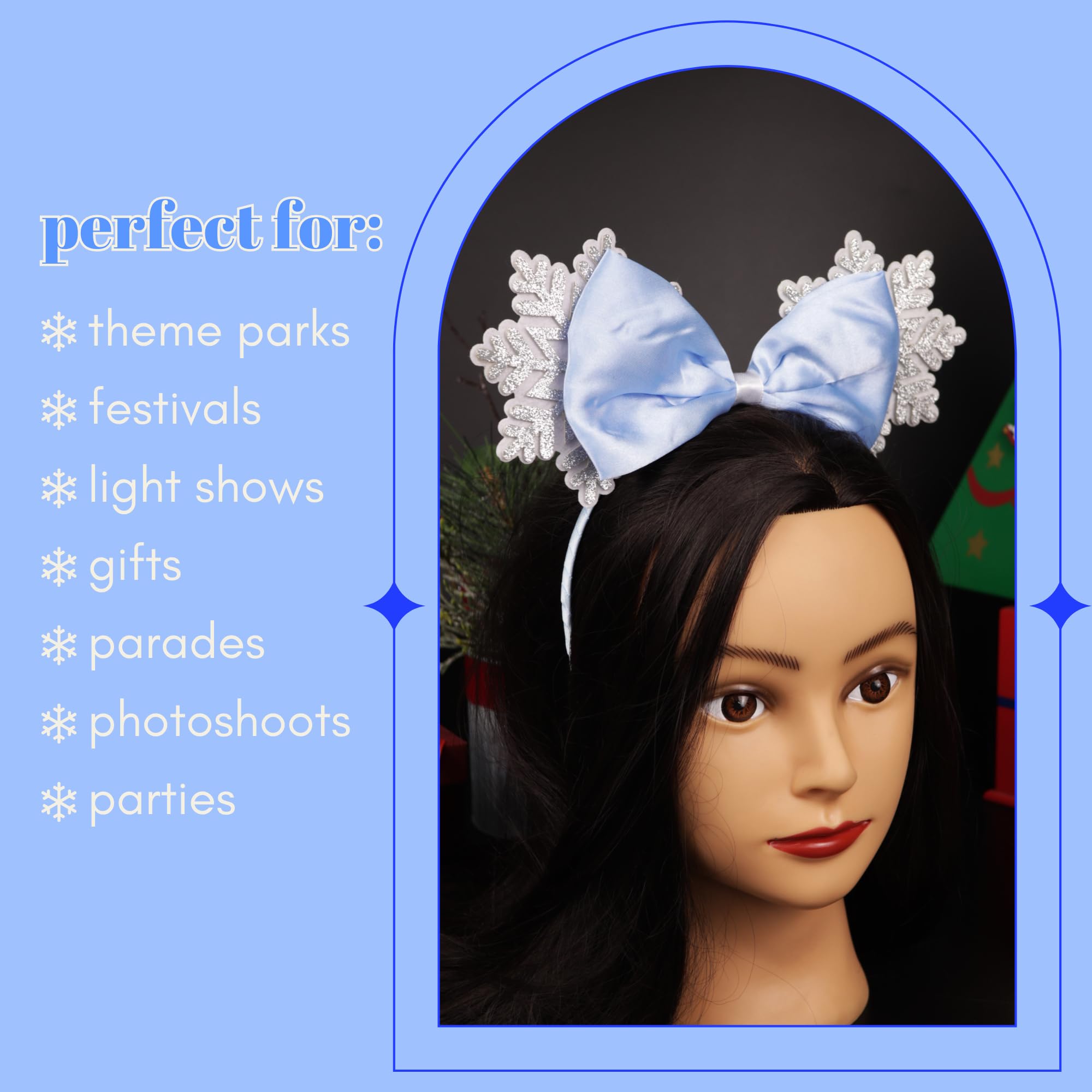 Needzo Snowflake Mouse Ear Headband with Bow, Frozen Glitter Hair Accessory for Women, One Size Fits Most, 9.5 Inches