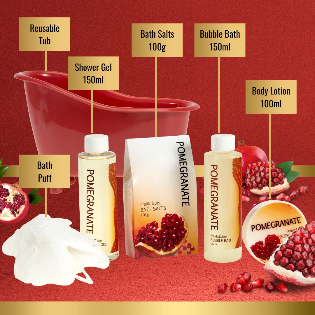 Red Pomegranate Home Spa Bath Basket - Bath & Body Set For Women - Contains Shower Gel, Bubble Bath, Body Lotion, Pomegranate Ba