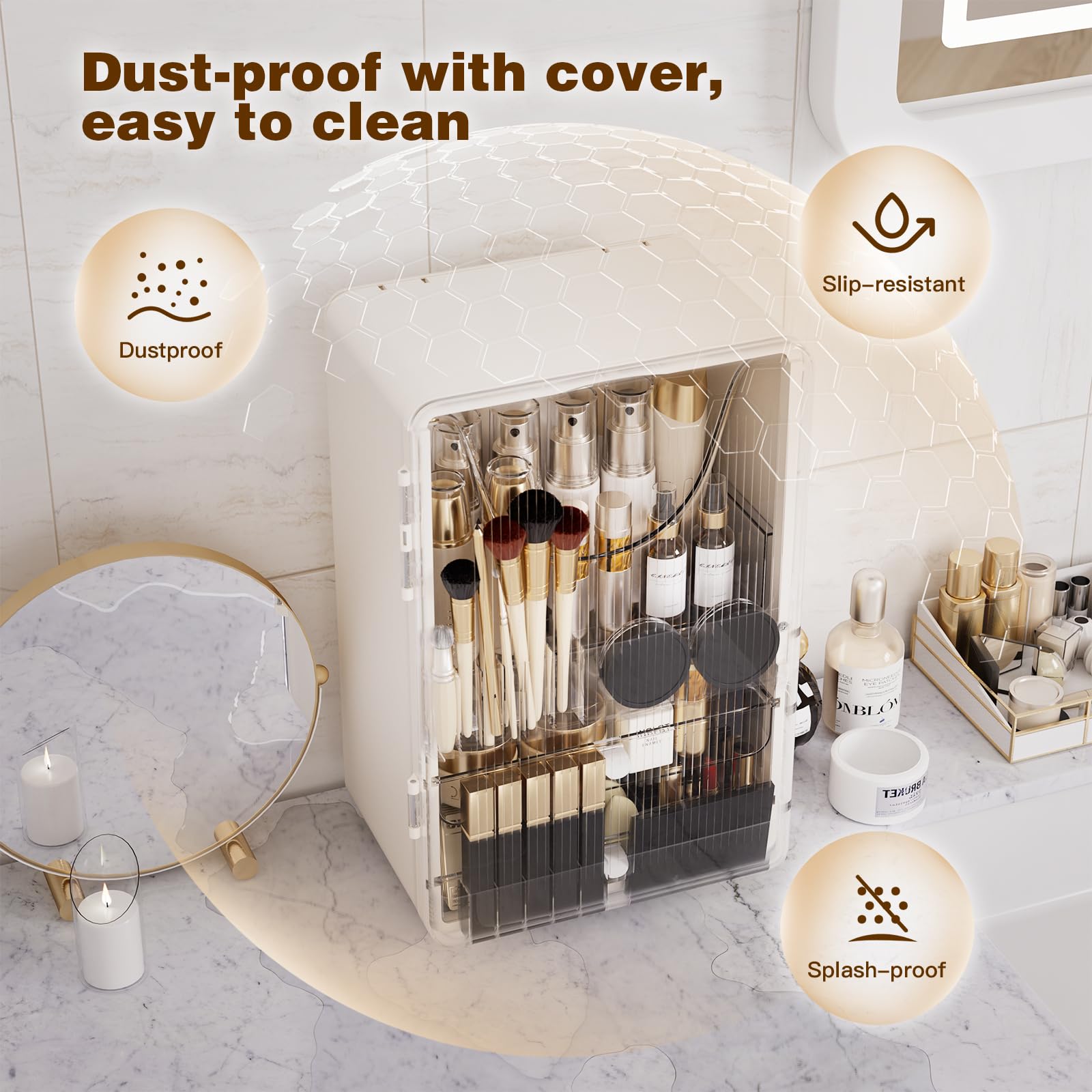 AERCIINC Makeup Organizer with brush organizer for Vanity,Large plastic drawer storage,White bathroom organizers and storage wit
