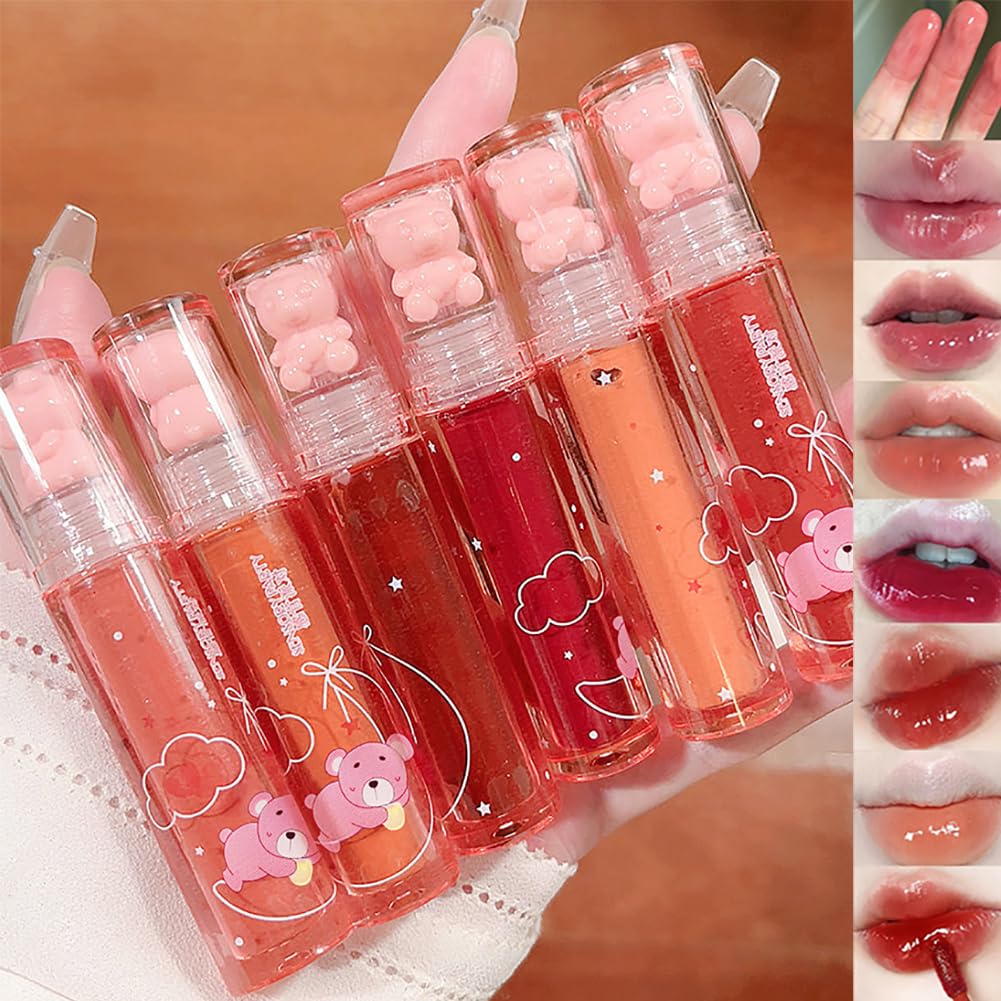 6 Colors Bear Hydrating Lip Gloss Liquid Lipstick Set Cute Bear Jelly Lipstick Moisturizing Sweet Lip Glaze Set Bear Beauty Make