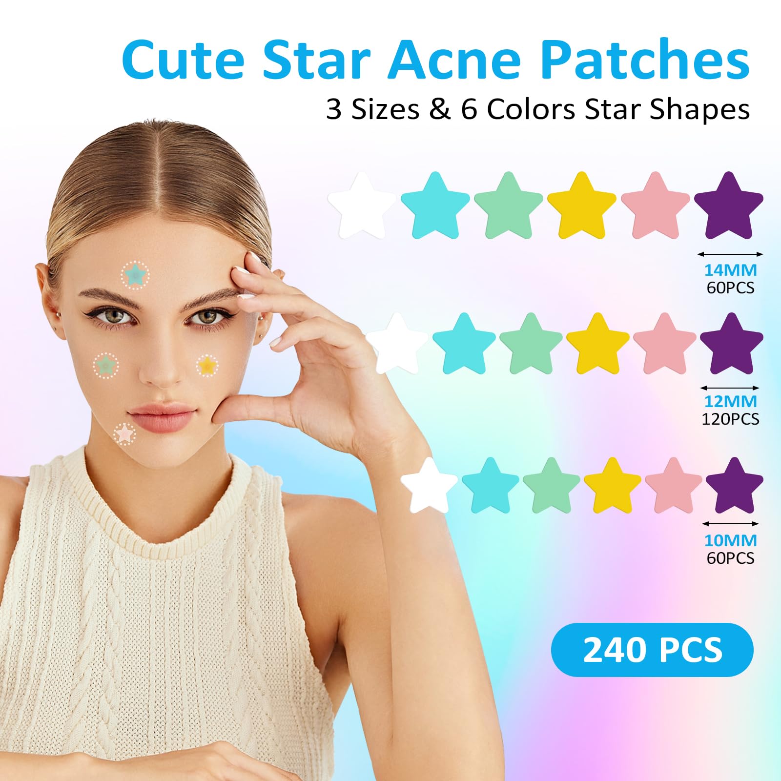 Koneuk Pimple Patches For Face 240Ct,3 Sizes Hydrocolloid Acne Patches,Cute Star Zit Patches With Tea Tree Oil,Salicylic Acid An