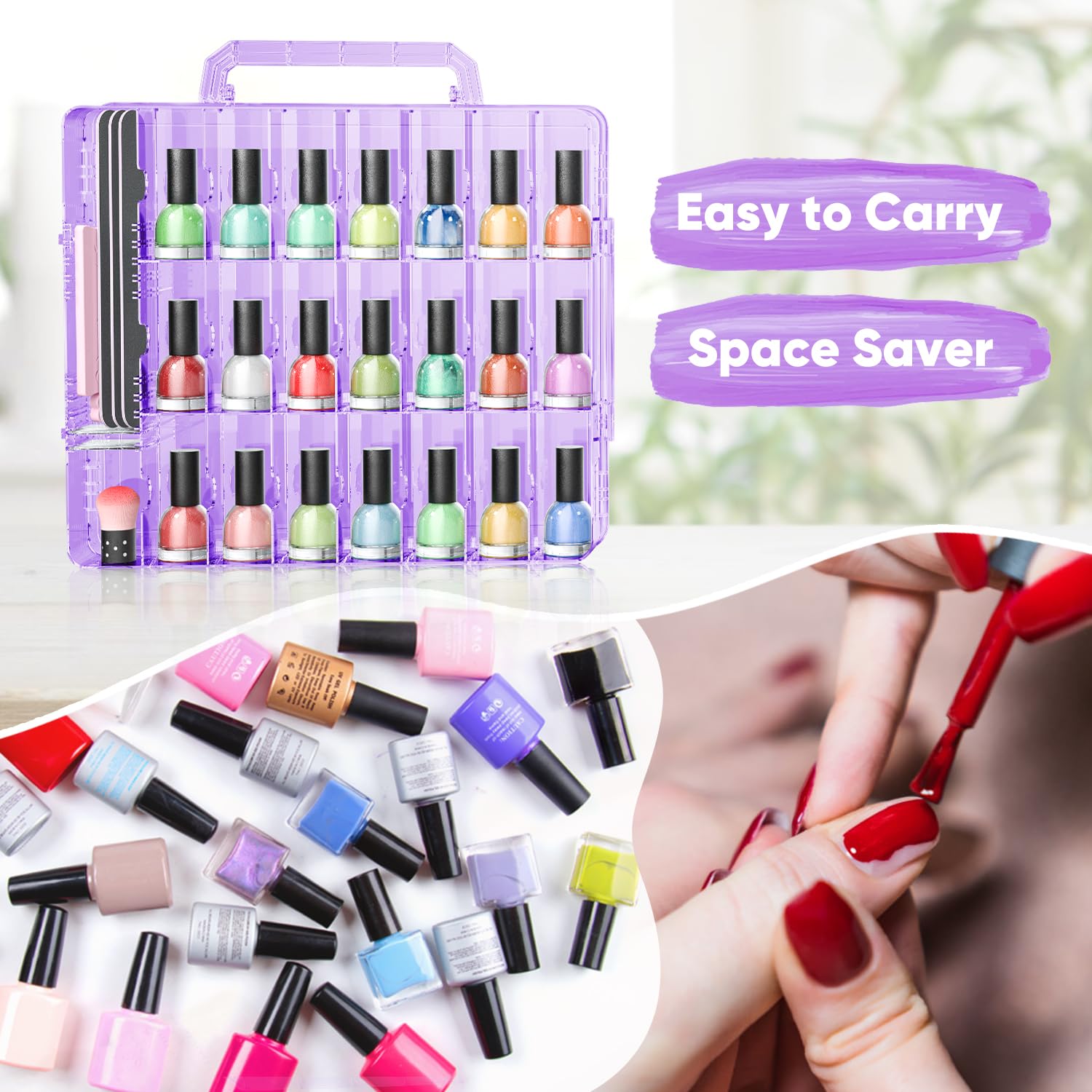 Jiasheng Nail Polish Organizer Case Holders, 48 Bottles Universal Nail Storage Box For Double Side Adjustable Space Divider For