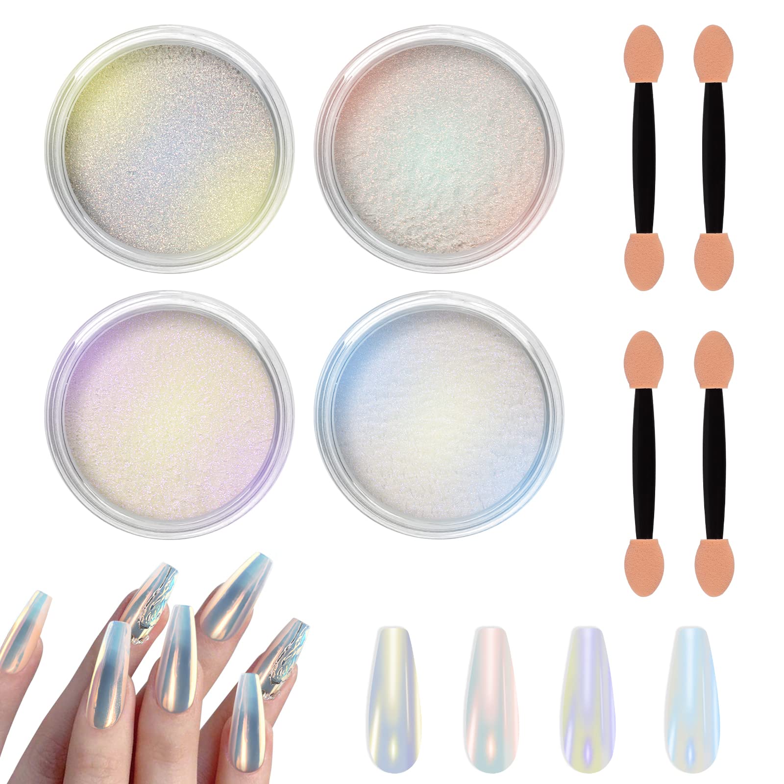 Allstarry Chrome Nail Powder 4 Colors Iridescent Aurora Powder Metallic Mirror Effect Pigment Pearlescent Purple Mermaid Unicorn