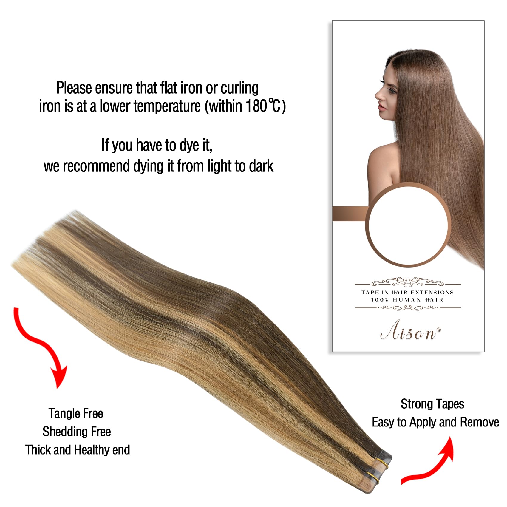 Aison Medium Brown/Dark Blonde Tape in Hair Extensions Human Hair 100% Remy Human Hair Extensions Straight 20 Pcs/Package 14Inch