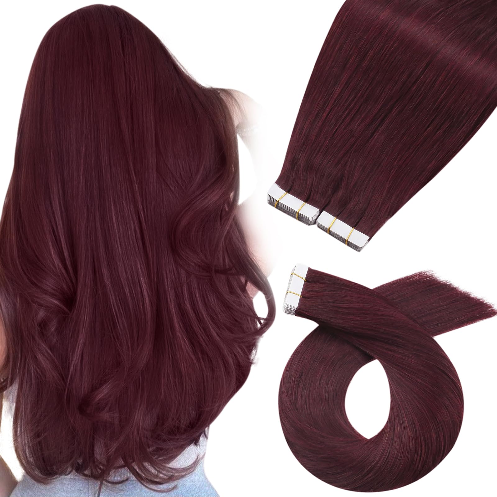 Moresoo 40 Pcs Tape In Hair Extensions Burgundy Hair Extensions For Women 12 Inch Real Human Hair Tape In Extensions 60G Fashion