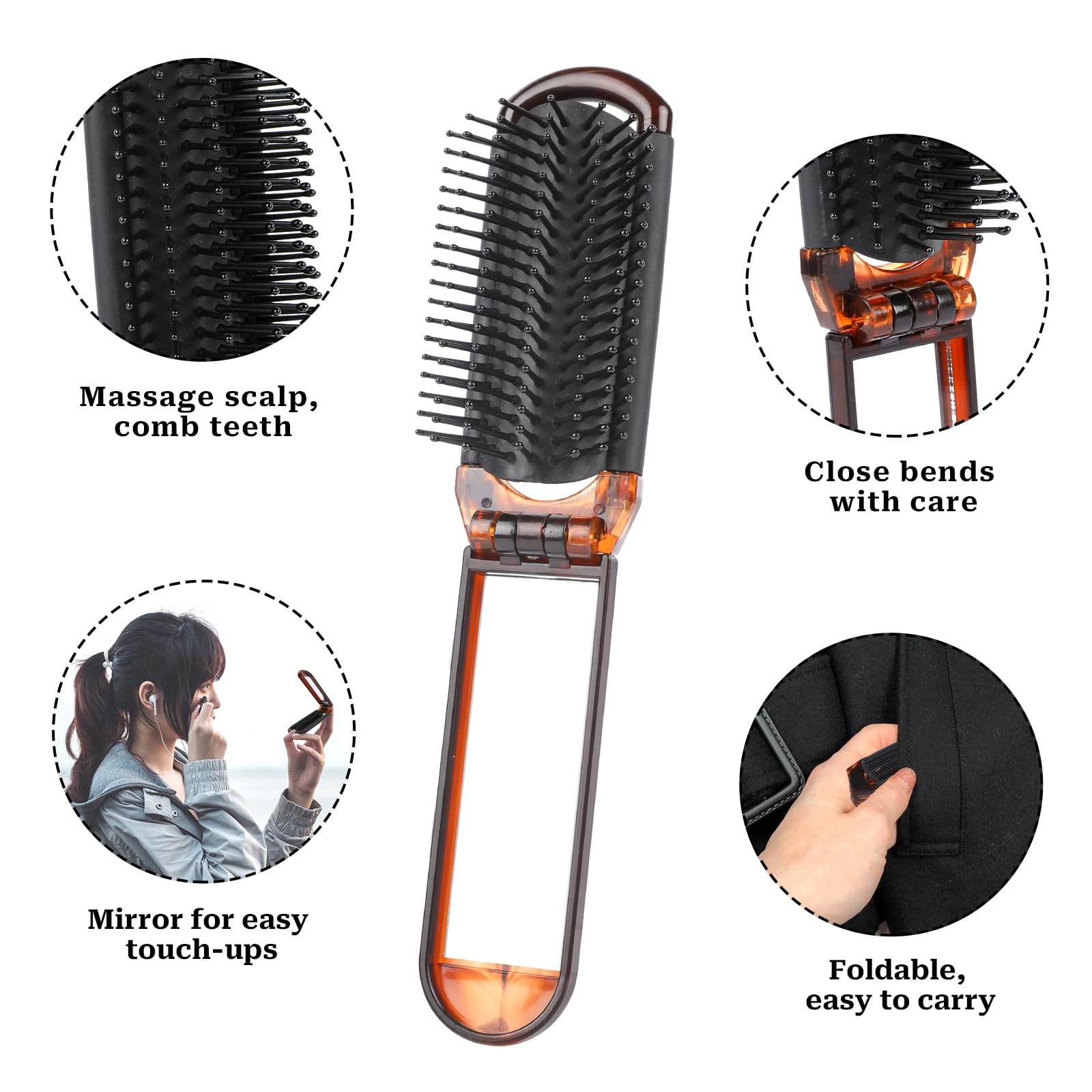 Mozeat Lens Folding Hair Brush With Mirror, Compact Travel Brush, Portable Hair Comb, Mini Hair Brush, Travel Comb For Gym, Trip