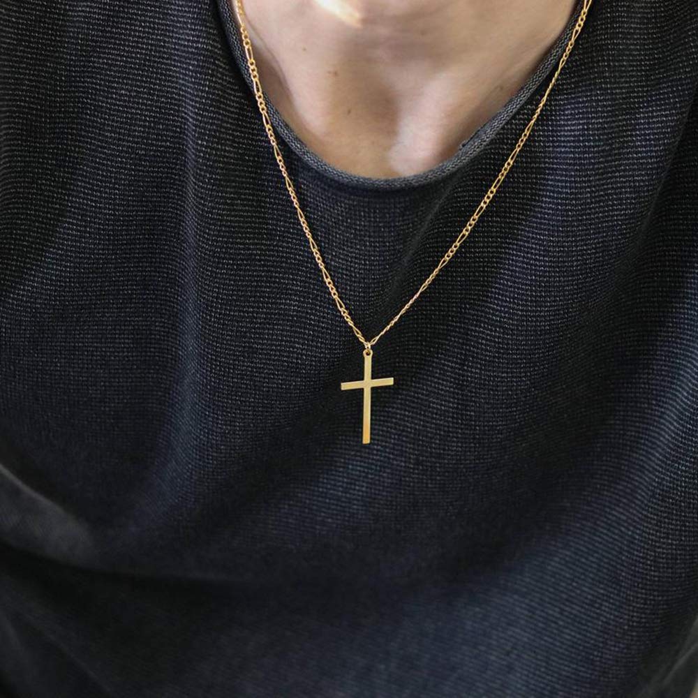 14K Gold Filled Cross Necklace for Men Figaro Chain Stainless Steel Plain Polished Cross Pendant Necklace Simple Faith Jewelry G