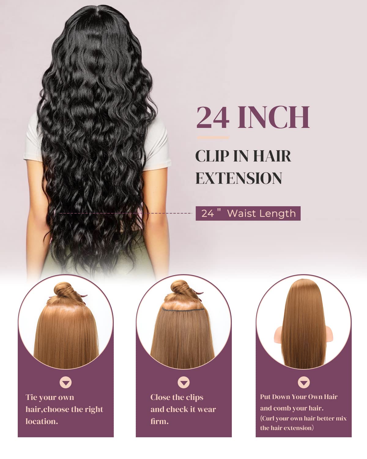6Pcs Clip In Hair Extensions-Lonai 24'' Black Brown With Highlight Hair Long Mermaid Waves Synthetic Clip On Hairpiece For Women