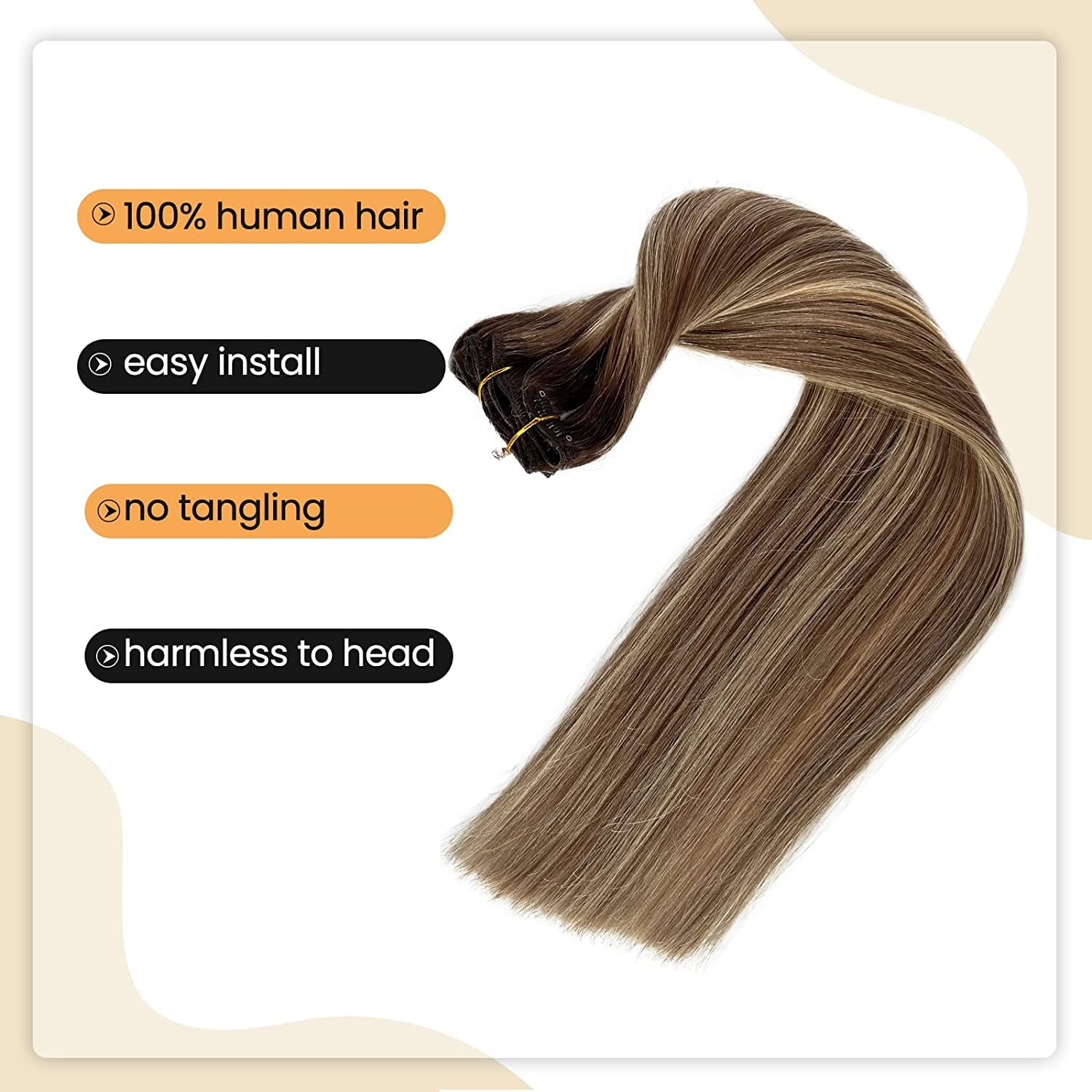 Clip In Human Hair Extensions, 16 Inch 70G 7Pcs Omber Ash Brown With Bleach Blonde Balayage Highlights 100% Real Human Hair Clip