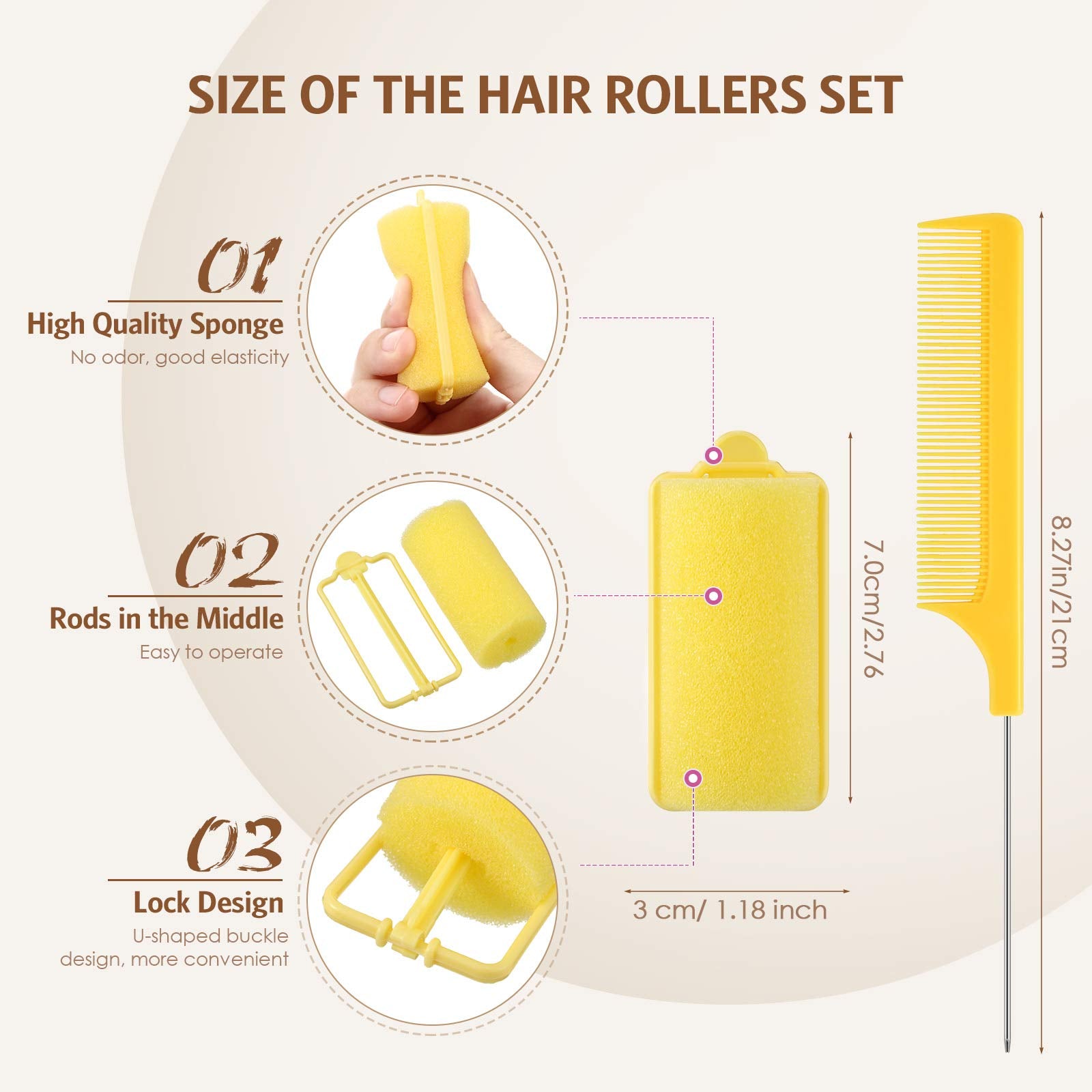 48 Pieces Foam Sponge Hair Rollers, Soft Sleeping Hair Curler Flexible Hair Styling Sponge Curler, and Stainless Steel Rat Tail