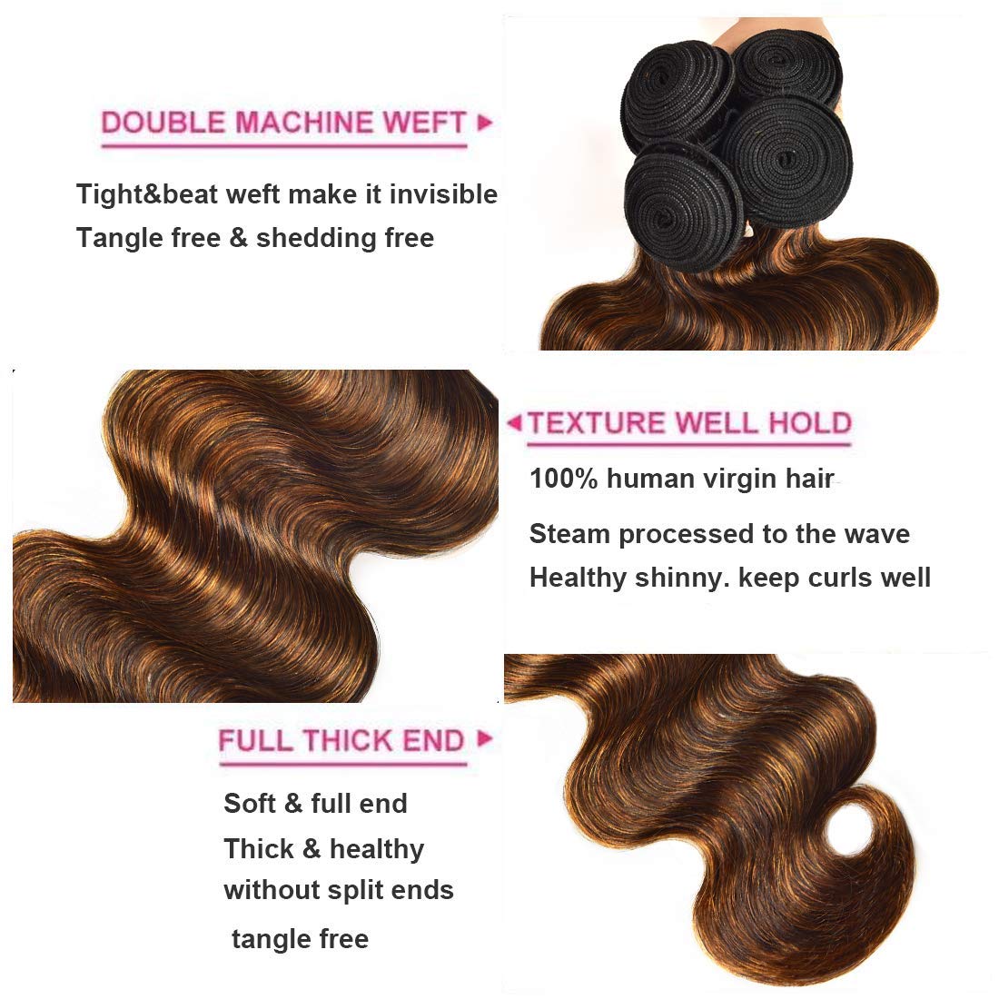 UNICE Brown Highlight Body Wave Human Hair Weave 3 Bundles 14 16 16 inches, Brazilian Remy Hair Ombre Blonde Human Hair Wavy Wea