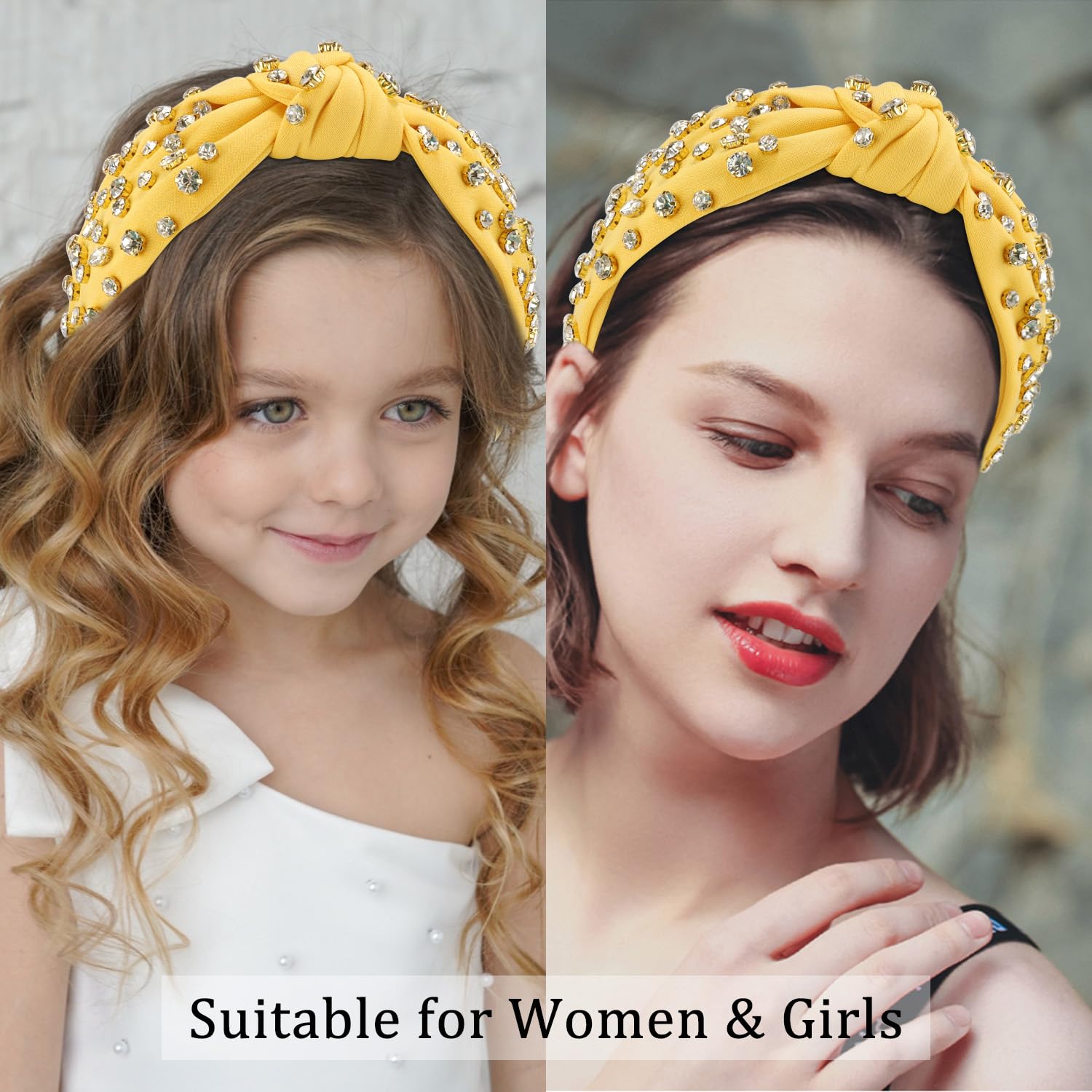 Atoden Yellow Knotted Rhinestone Headband - Wide Top Knot Beaded Crystal Jeweled Headbands For Women'S Hair, Sparkly Embellished
