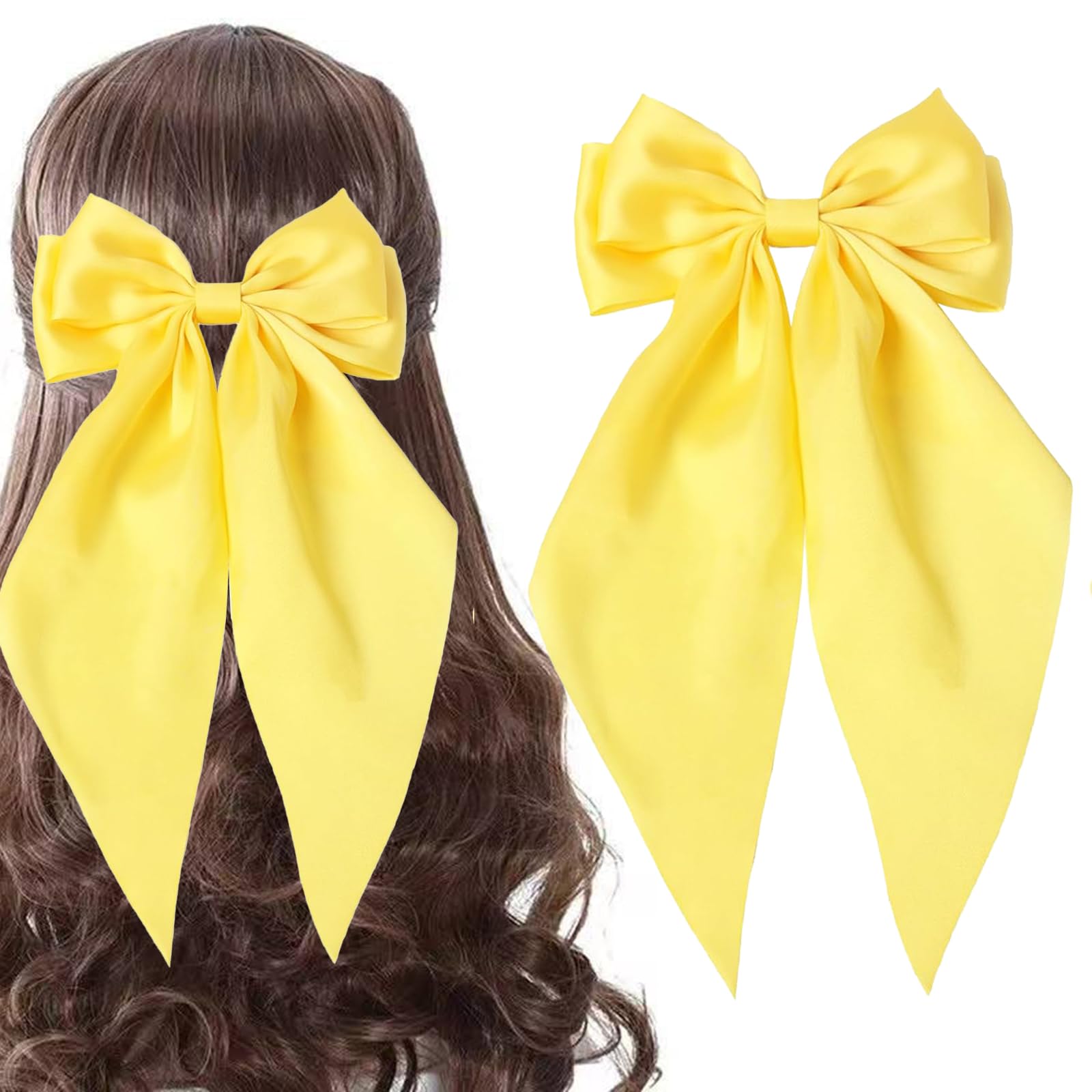 Hair Bows for Women,Yellow Silky Satin Hair Bow with Oversized Long Tail Large Hair Ribbons Barrettes Metal Clips Hair Accessori
