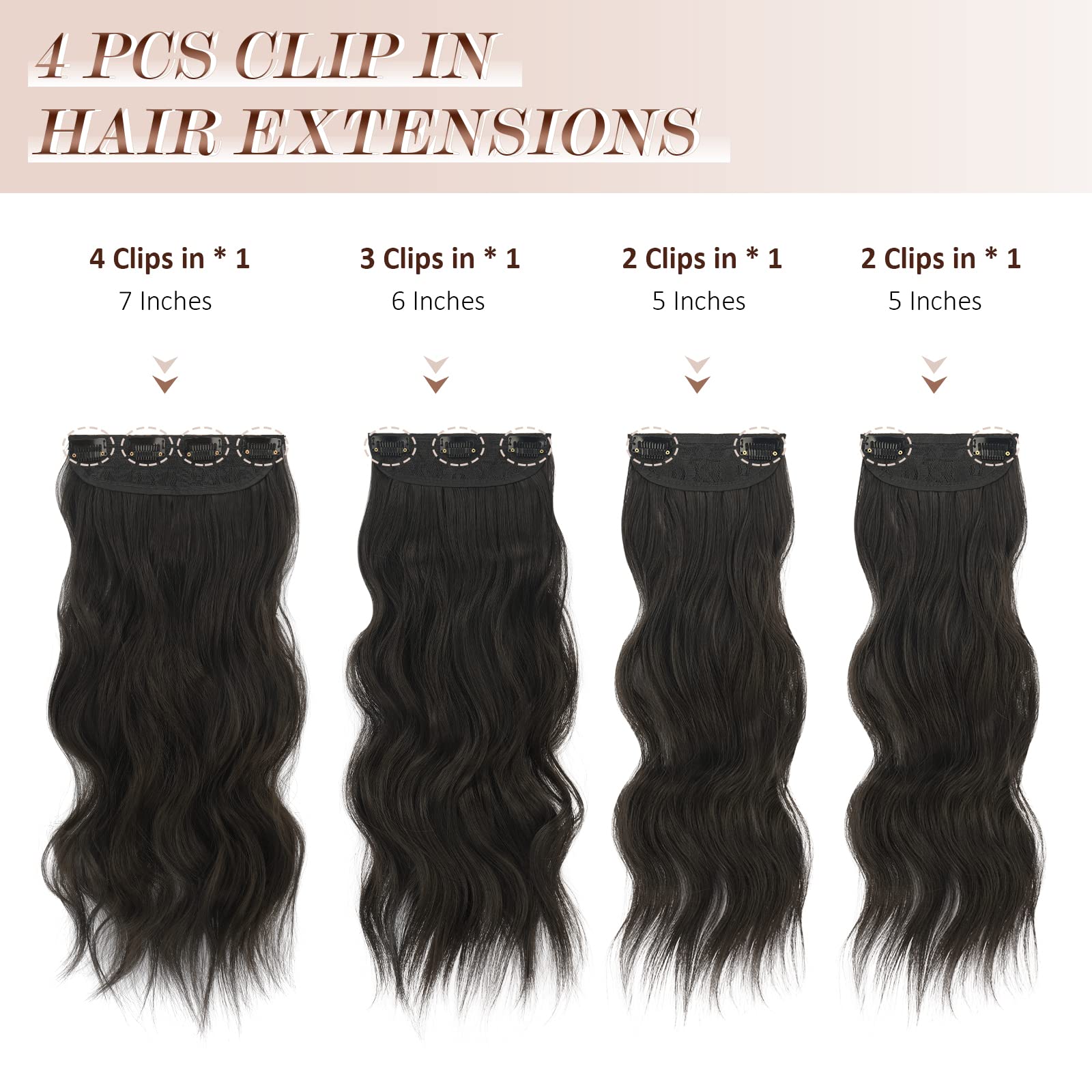 FESHFEN Clip in Hair Extensions - 4 PCS Long Wavy Thick Clip in Hairpieces Full Head Soft Synthetic Hair Extension for Women, Na