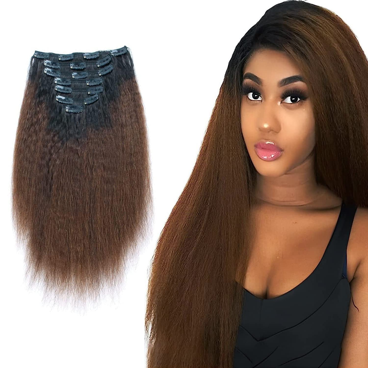 AmazingBeauty 8A Double Weft Texlaxed Kinkys Straight Ombre Clip Extensions Human Hair for Black Women, Natural Black Fading int