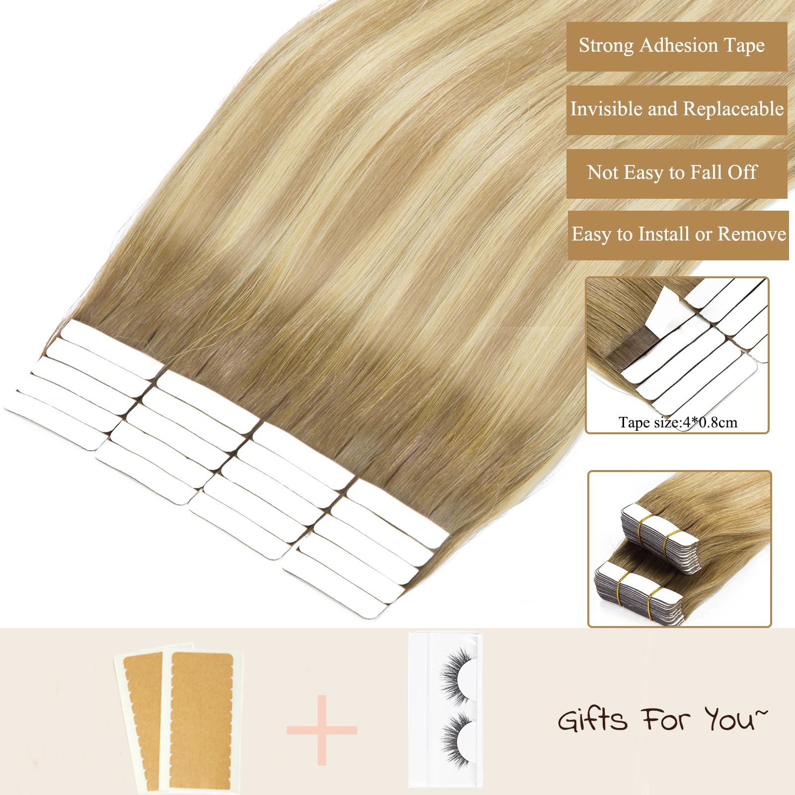 Loxxy Human Hair Tape In Hair Extensions Double Sided Seamless Tape In Natural Hair Extensions Ombre Color Light Golden Brown/Pl