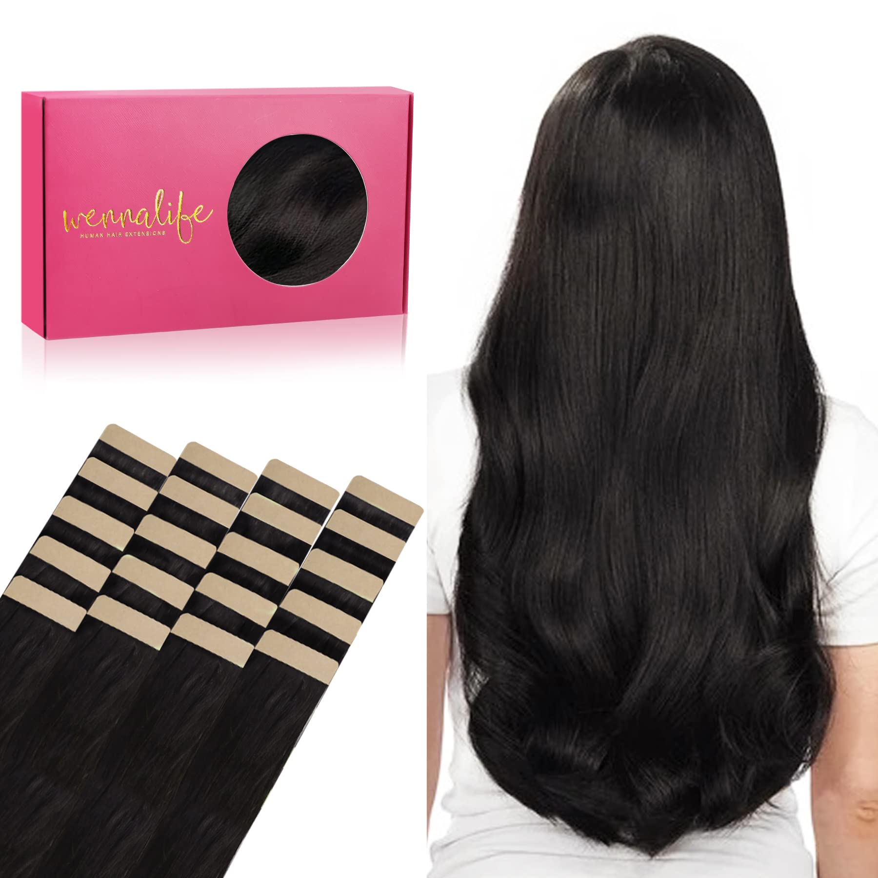 Wennalife Tape In Hair Extensions Human Hair, 20Pcs 50G 24 Inch Natural Black Remy Hair Extensions Straight Human Hair Tape In E