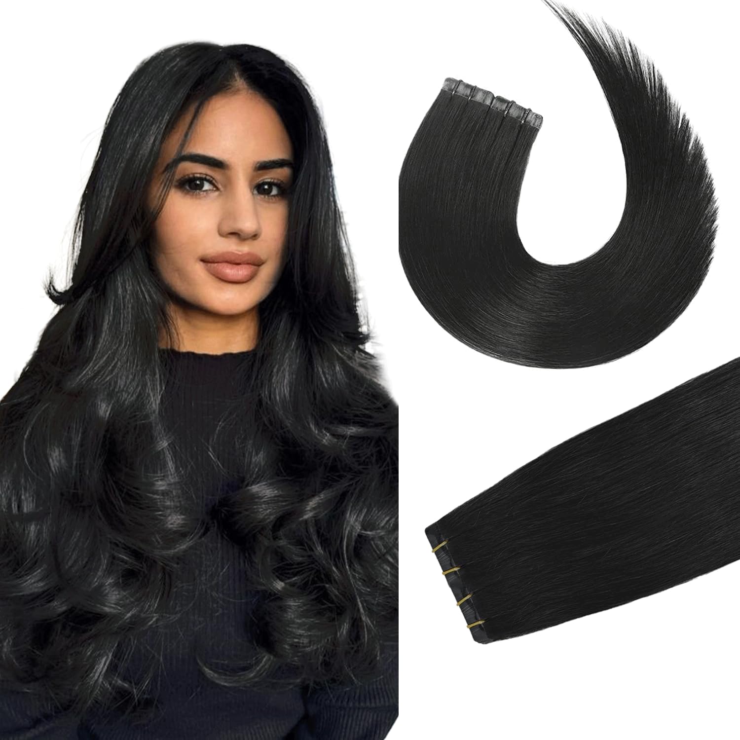 Tape In Remy Hair Extensions 1B Naturl Black 100% Human Hair Extensions Silky Straight For Fashion Women 20 Pcs/Package(14Inch 1