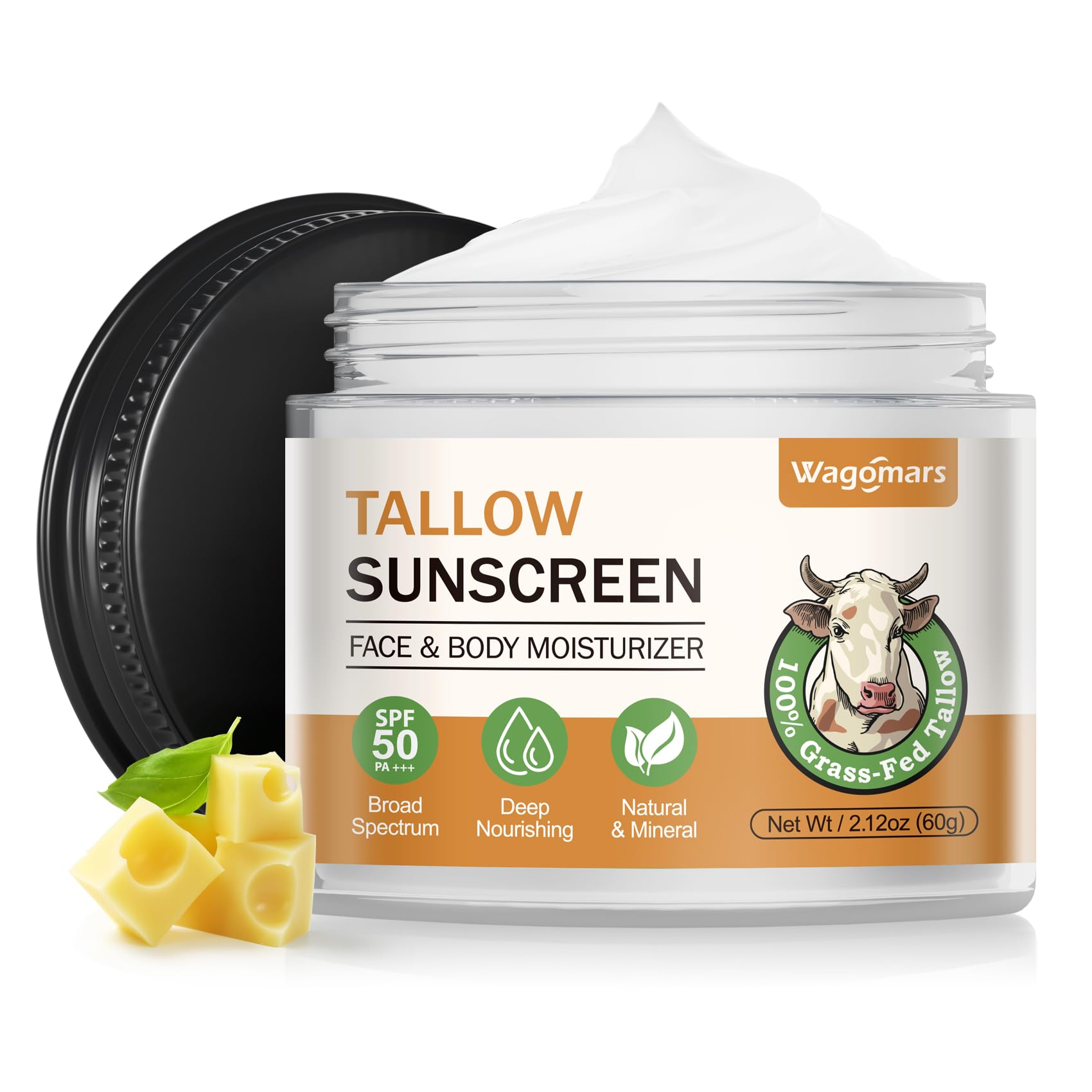 Wagomars Beef Tallow Sunscreen SPF 50 - Organic Mineral Sunscreen with Zinc Oxide - Non-Toxic Natural Sunblock for Face & Body -