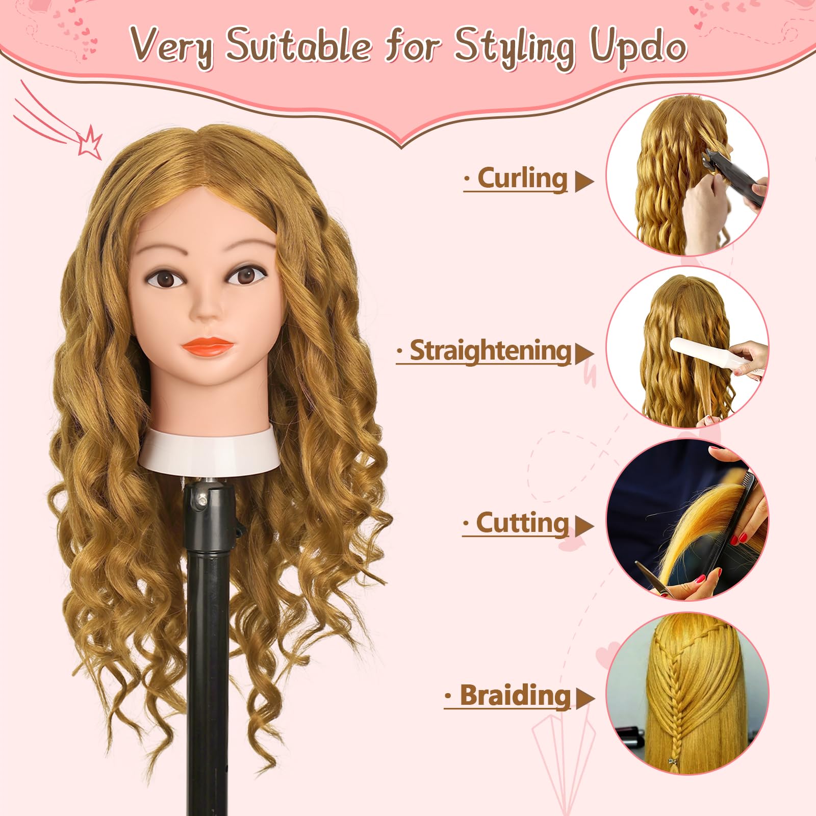Yofuly Mannequin Head - 26" Light Brown Real Human Hair Training Head with Clamp & Tools for Cosmetology, Styling, Braiding, Cutting