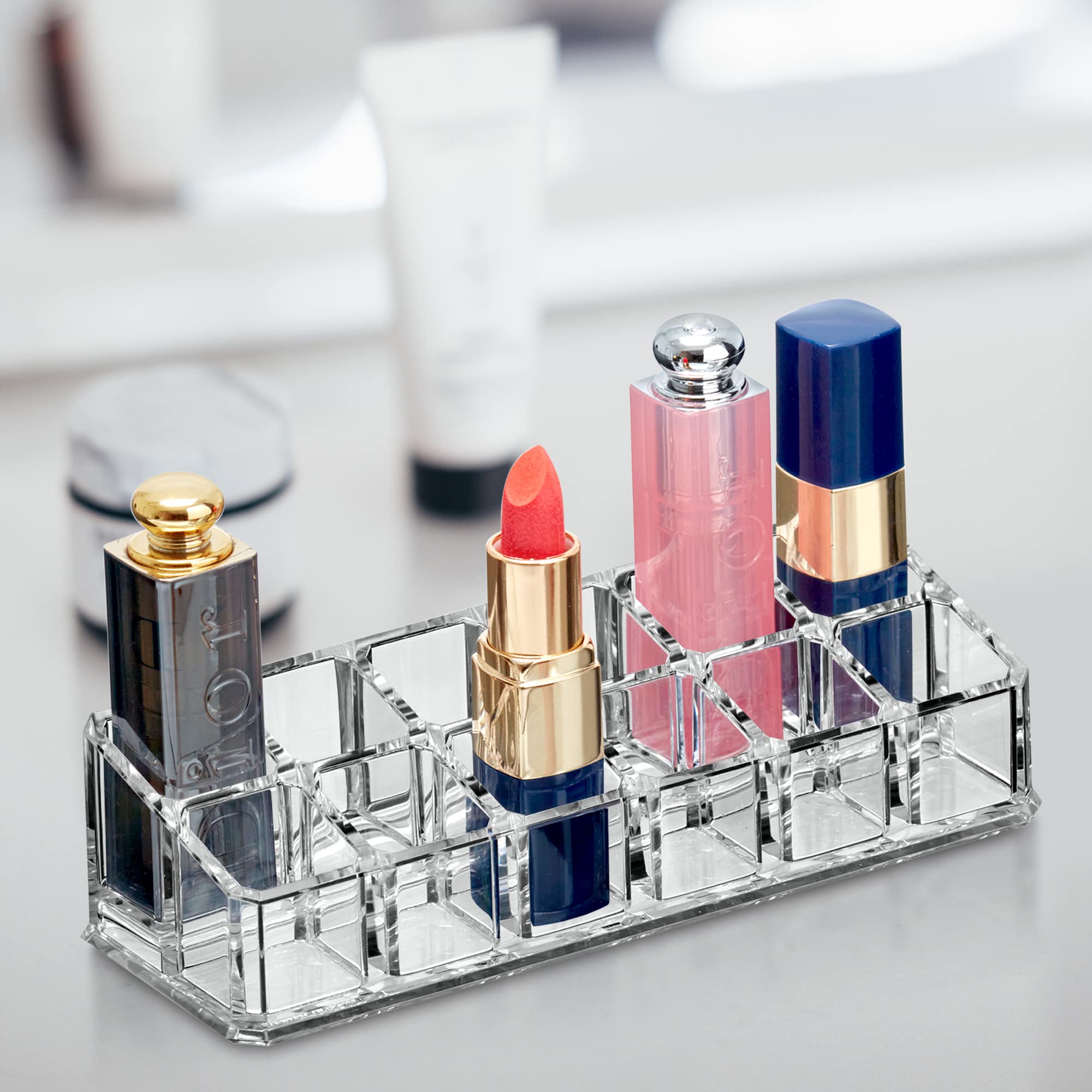 Amazing Abby - Glamour - 12-Slot Acrylic Lipstick Organizer, Lipstick Holder, Lip Gloss Organizer, Cosmetic Storage Display, Per