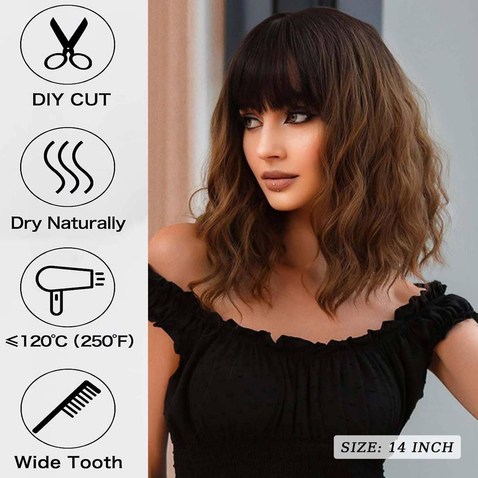 Andromeda Ombre Brown Wig With Bangs Soft Short Bob Wigs For Women Synthetic Shoulder Length Women'S Wavy Wigs For Halloween Cos