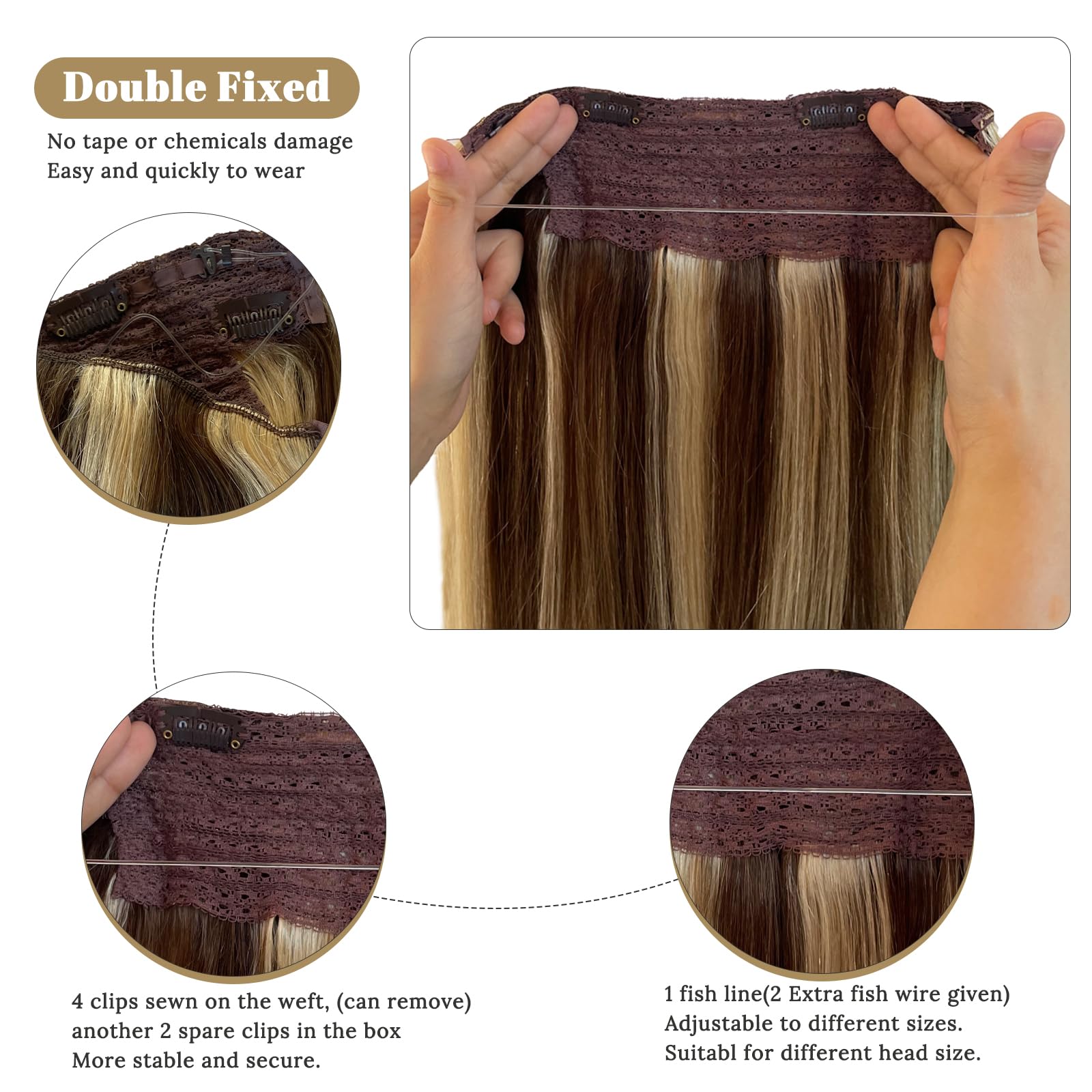 Halos Hair Extensions Real Human Hair 18Inch 80G Balayage Blonde Human Hair Halos Extensions Medium Brown With Bleach Blonde Inv