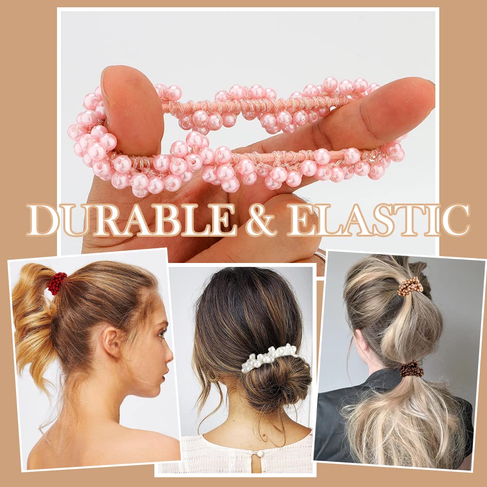Ahoney 9Pcs Pearl Hair Ties, Crystal Beads Bulk Hair Ropes Stretchy Handmade Boho Hair Accessories For Women Girls, Multi-Color