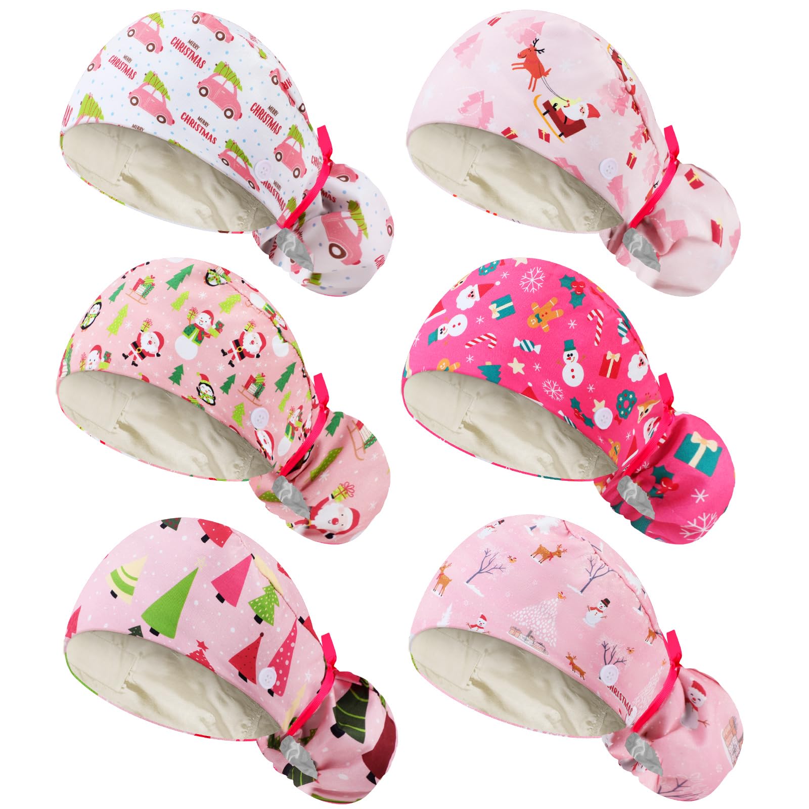 Jamntower 6 Pcs Satin Lined Scrub Caps Women with Button Ponytail Surgical Nurse Cap Adjustable Tie Back Nursing Working Hats(Pa