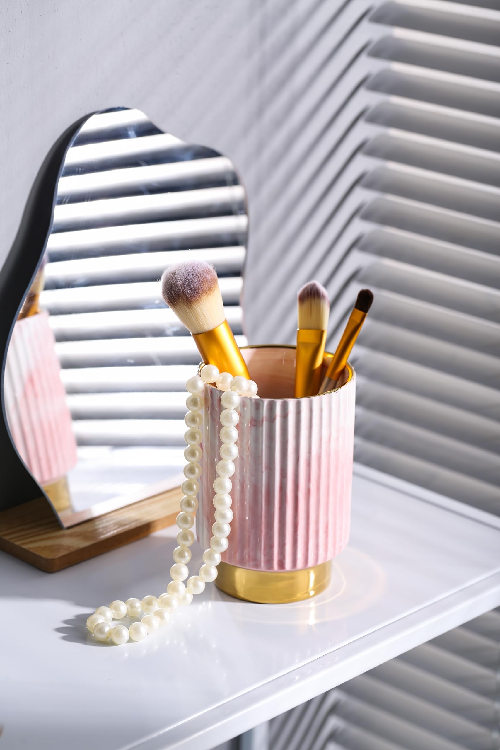 Ieek Pink And Gold Makeup Brush Holder Organizer,Glass Cosmetics Brushes Cup Eyebrow Pencil Pen Container,European Style Striped
