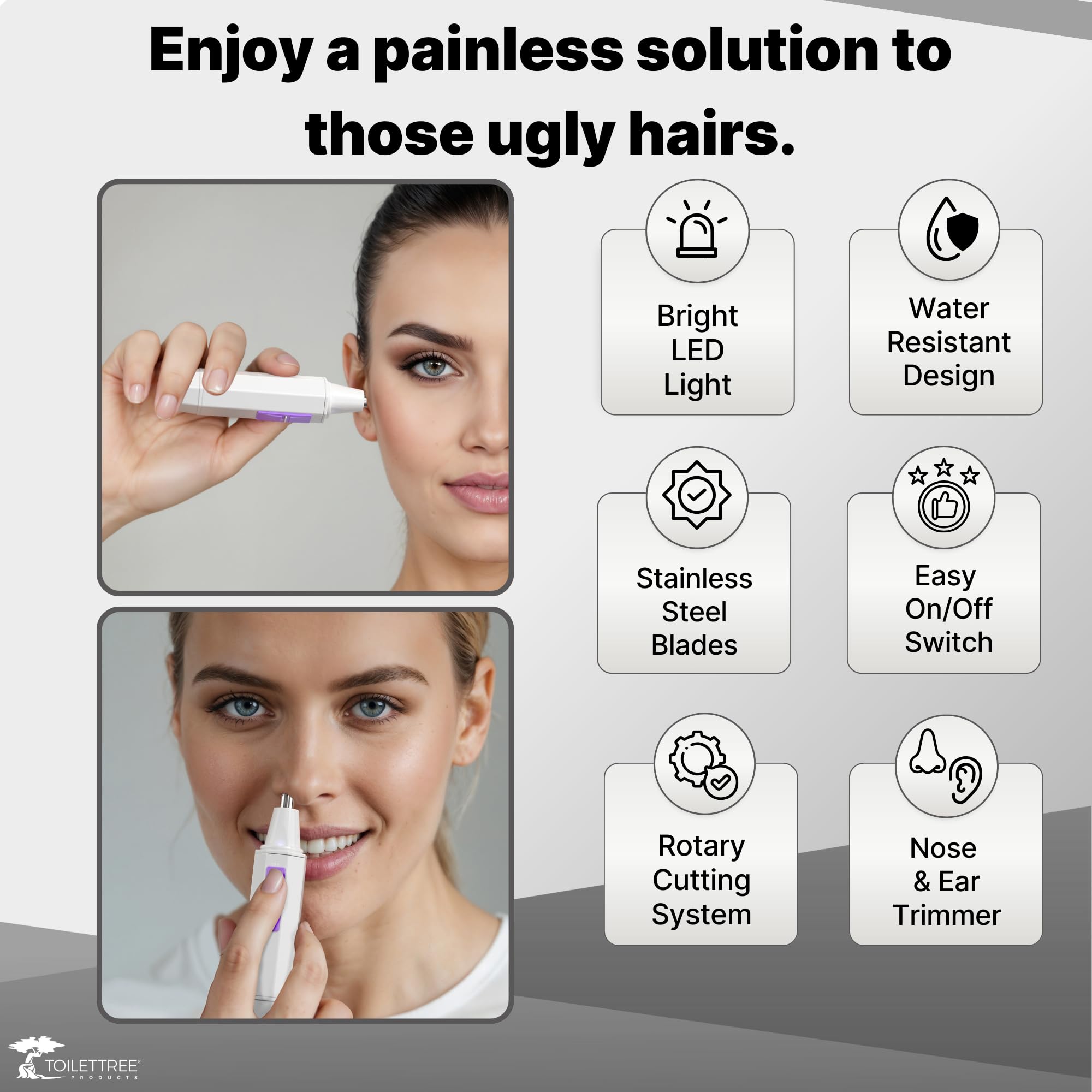 ToiletTree Products Nose Hair Trimmer for Women - LED Light, Stainless Steel Blades, Water Resistant, White, Model TTP-TRIM-1White