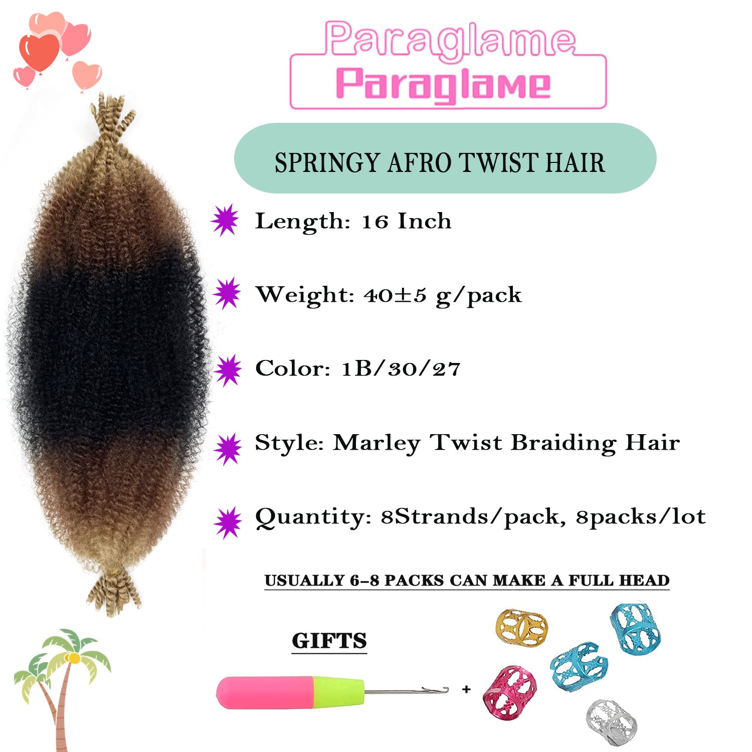 Paraglame Ombre Marley Hair 16 Inch 3 Tones Pre-Separated Springy Afro Twist Hair for soft locs Marley Twist Braiding Hair Ombre
