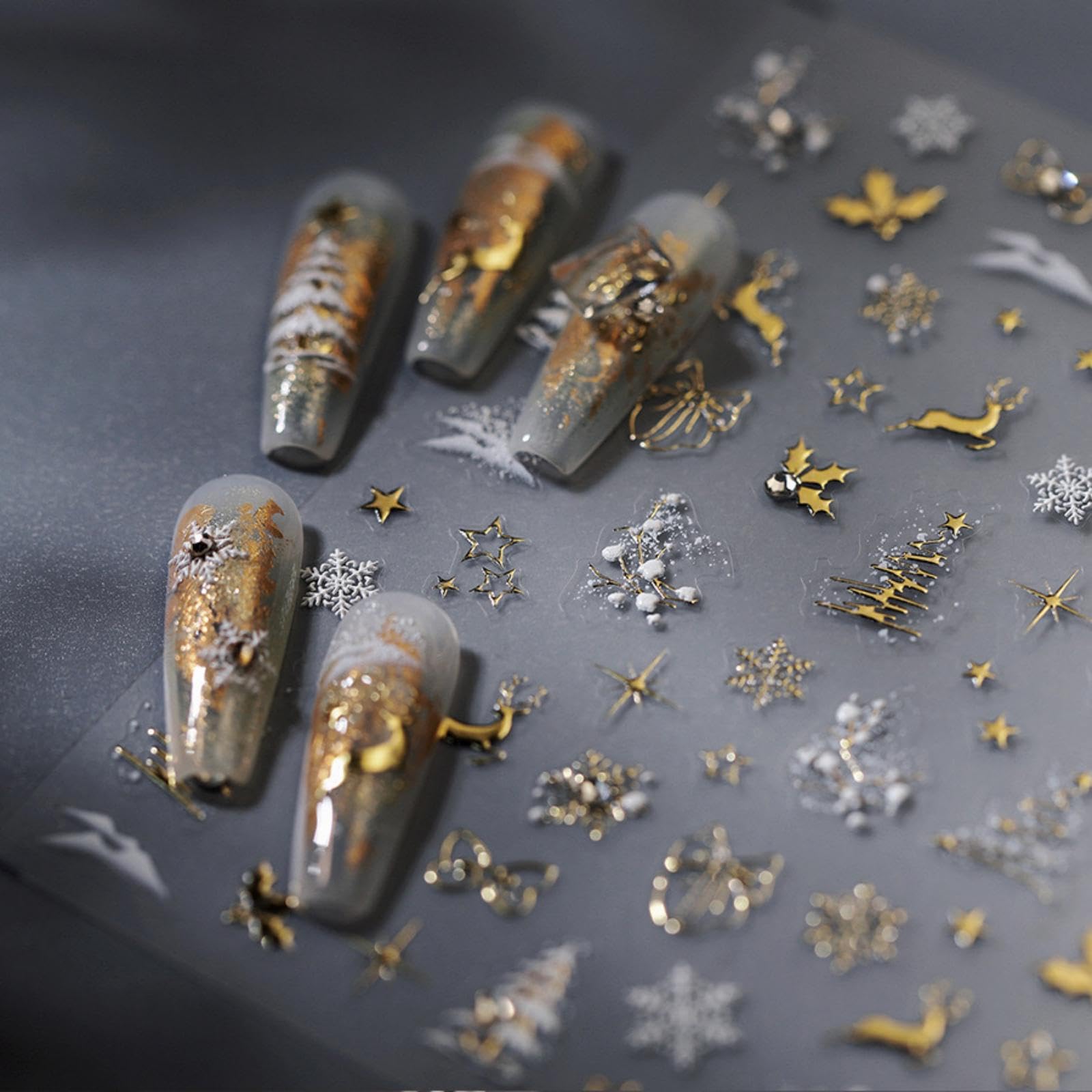 Christmas Nail Art Stickers 5D Embossed Gold Elk Nail Stickers Self-Adhesive Snowflake Bow Xmas Tree Rhinestone Star Elk Nail De