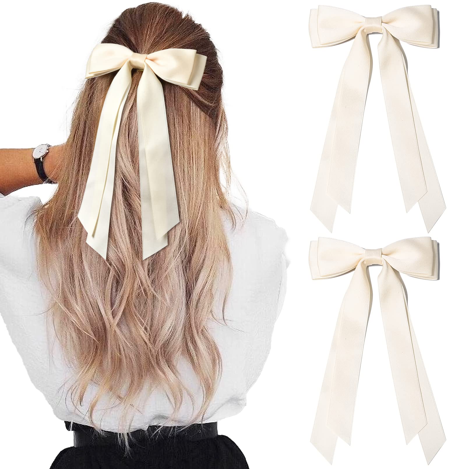 2PCS Silky Satin Hair Bows Hair Clip Beige Hair Ribbon Ponytail Holder Accessories Slides Metal Clips Hair Bow for Women Girls T