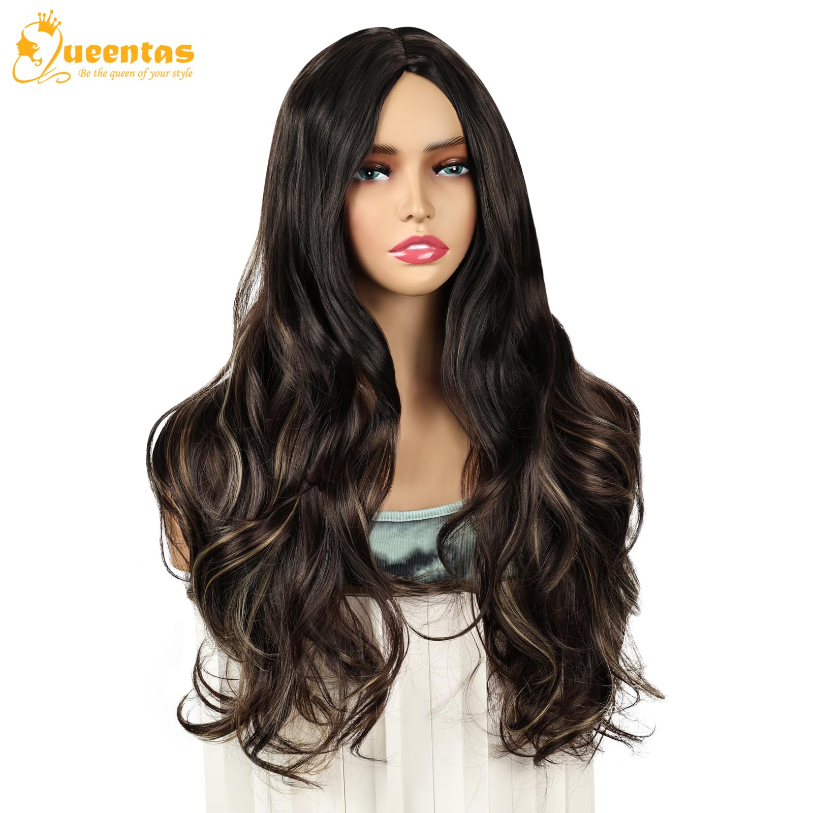 QUEENTAS Long Brown Wigs for Women Natural Synthetic Hair Wavy Wig(Dark Brown Highlight Blonde)