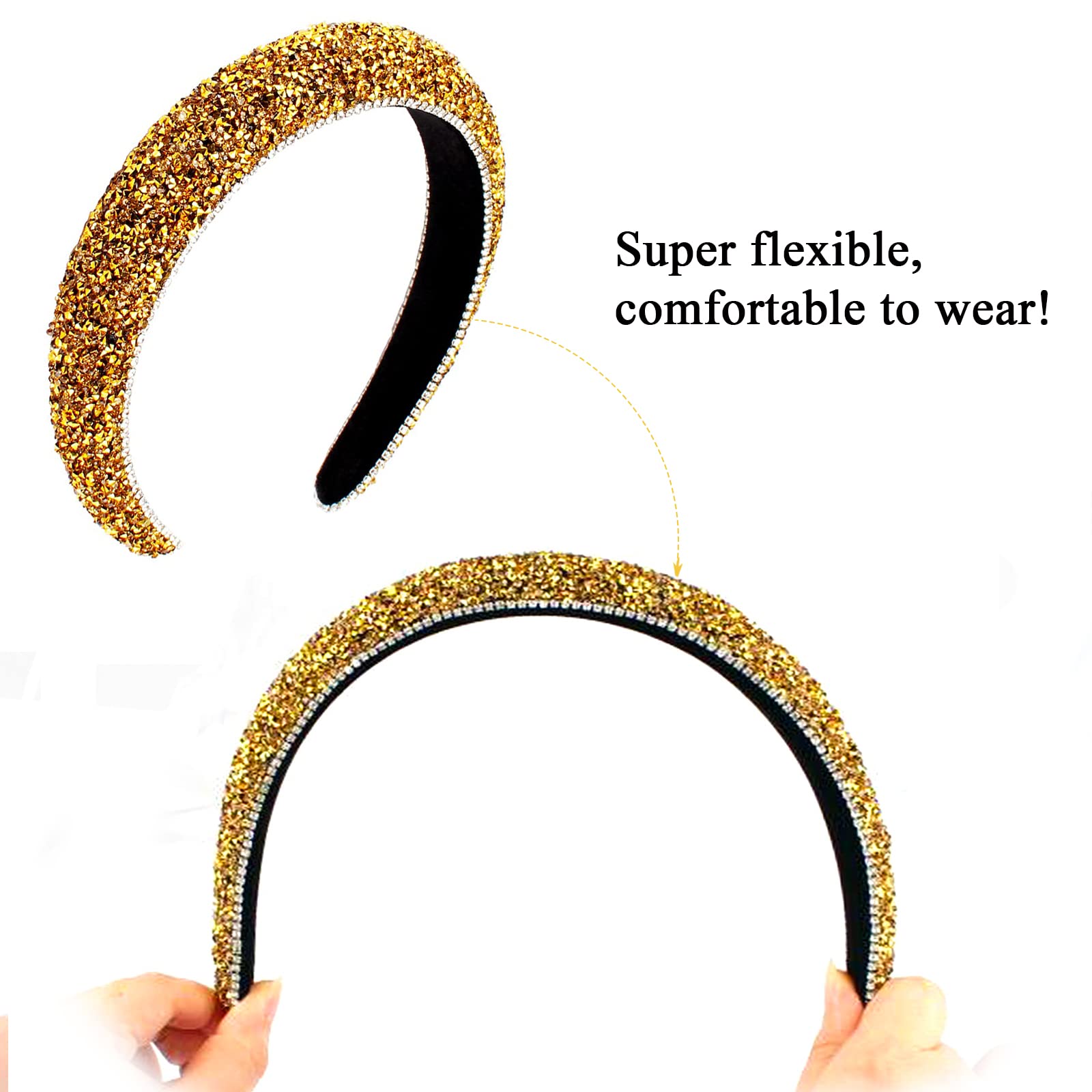 Wecoe Yellow Gold Headband Diamond Headband Glitter Headband For Women Rhinestone Padded Headband Bling Sparkle Headbands Fashio
