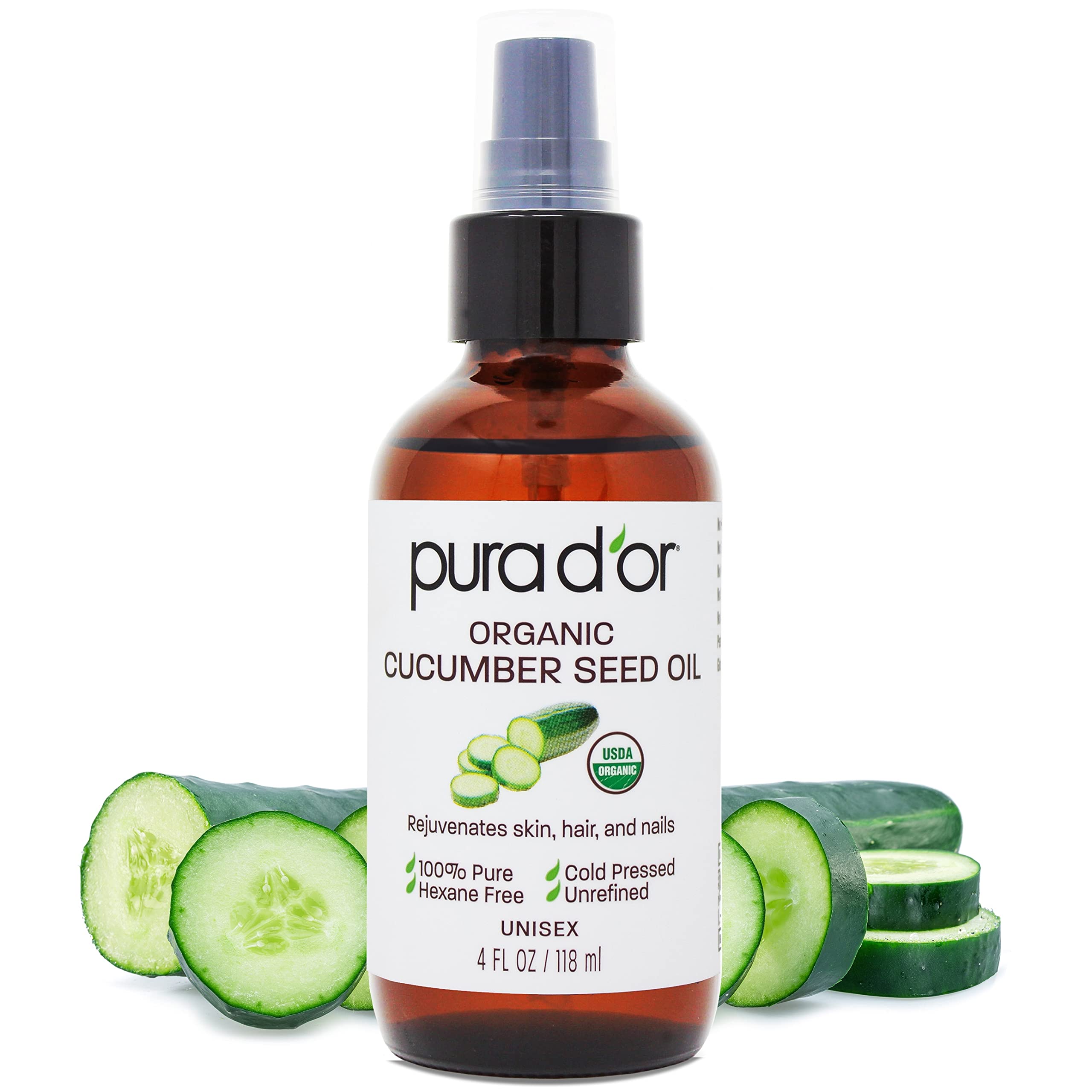 PURA D'OR 4 Oz Organic Cucumber Seed Oil100% Pure USDA Certified Premium Grade All Natural Moisturizer, Cold Pressed, Unrefined,