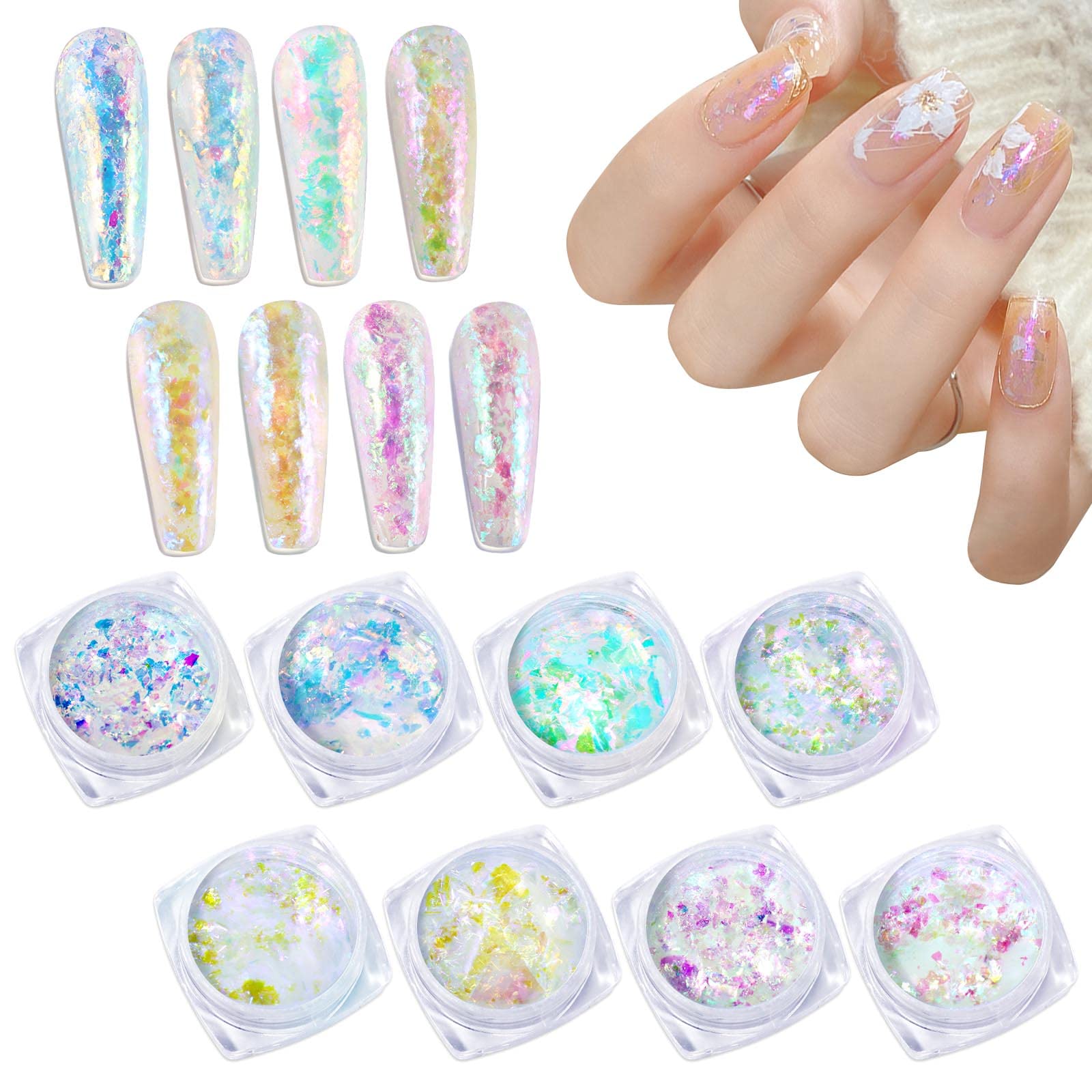 Laza Chameleon Flakes, 8 Colors Nail Confetti Powder, Irregular Colorshift Pigment Powder for Nails Art Supplies, Epoxy Resin Tu