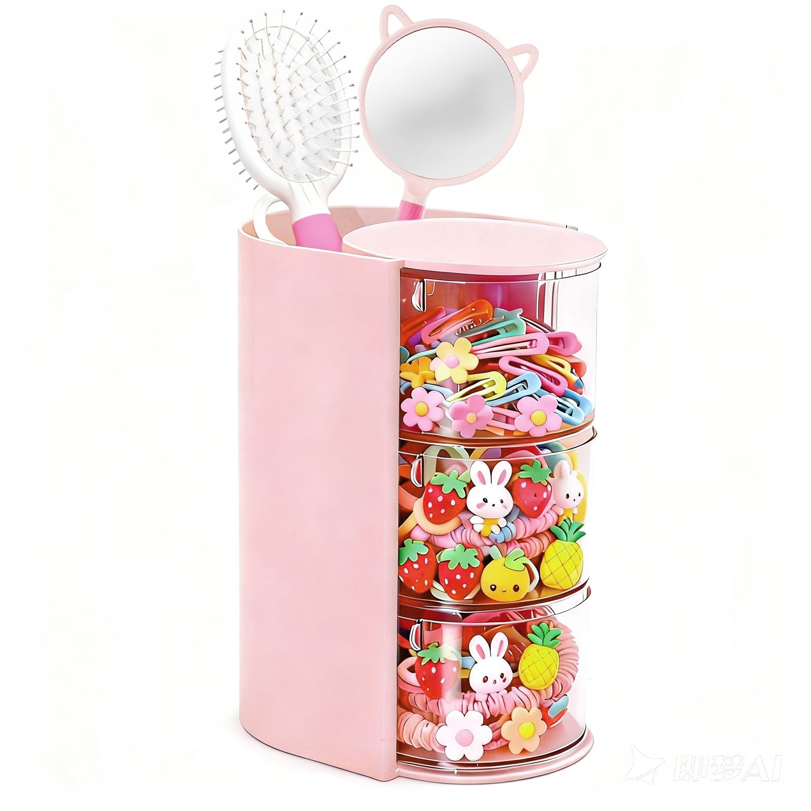 Hair Accessories Organizer with Hair Brush Holder,3Layer Rotatable Makeup Organizer Box Jewelry Storage Box for Necklaces, Earr