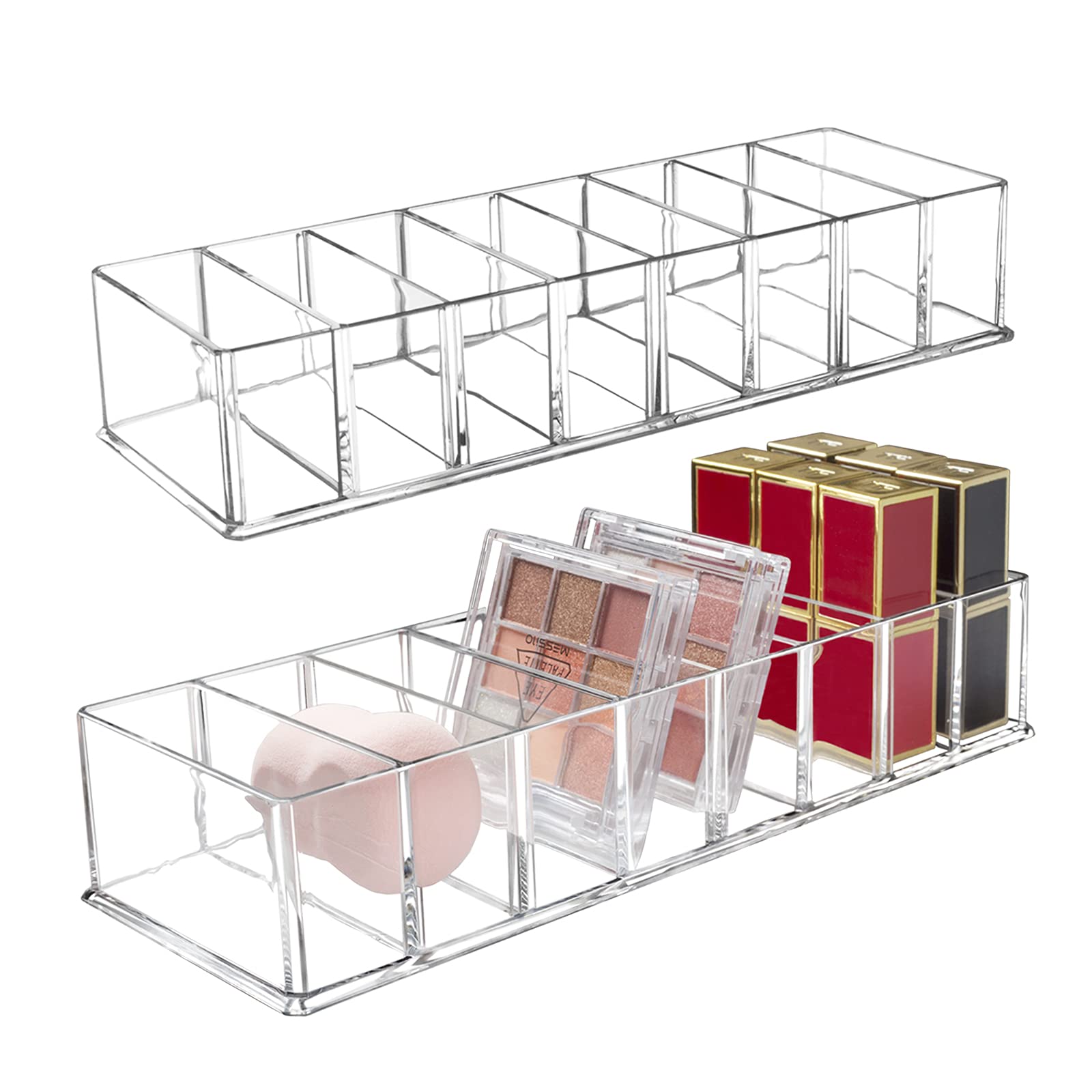Seitop 2 Pack Detachable Makeup Organizer, 8 Compartments Acrylic Cosmetic Storage Jewelry Display Boxes, Clear Drawer Organizer