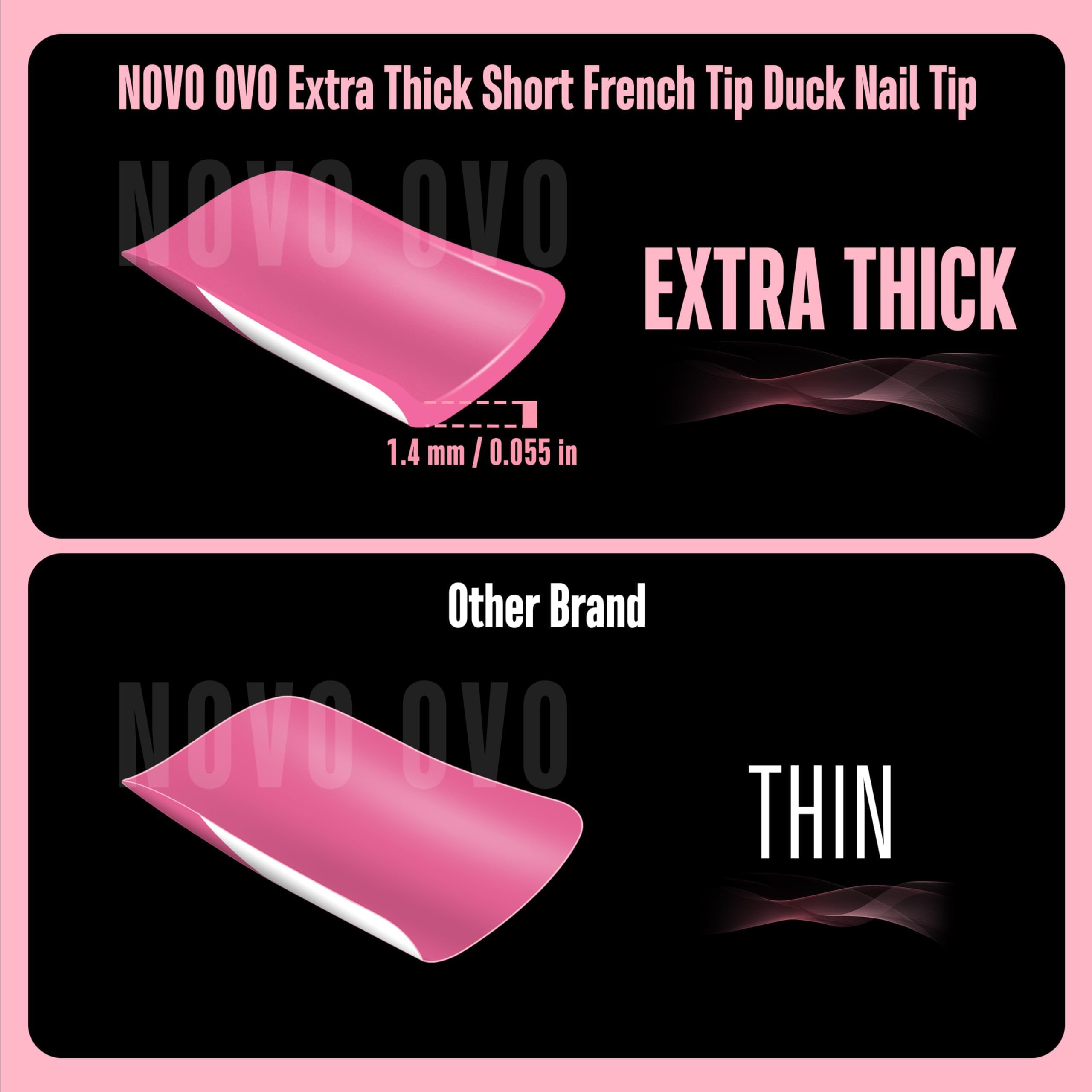 NOVO OVO Short Duck Nail Tips French Tip Press On ROSE PINK with Glitter, Soft Gel Nail Extension, Need Buider Gel Top Coat, No