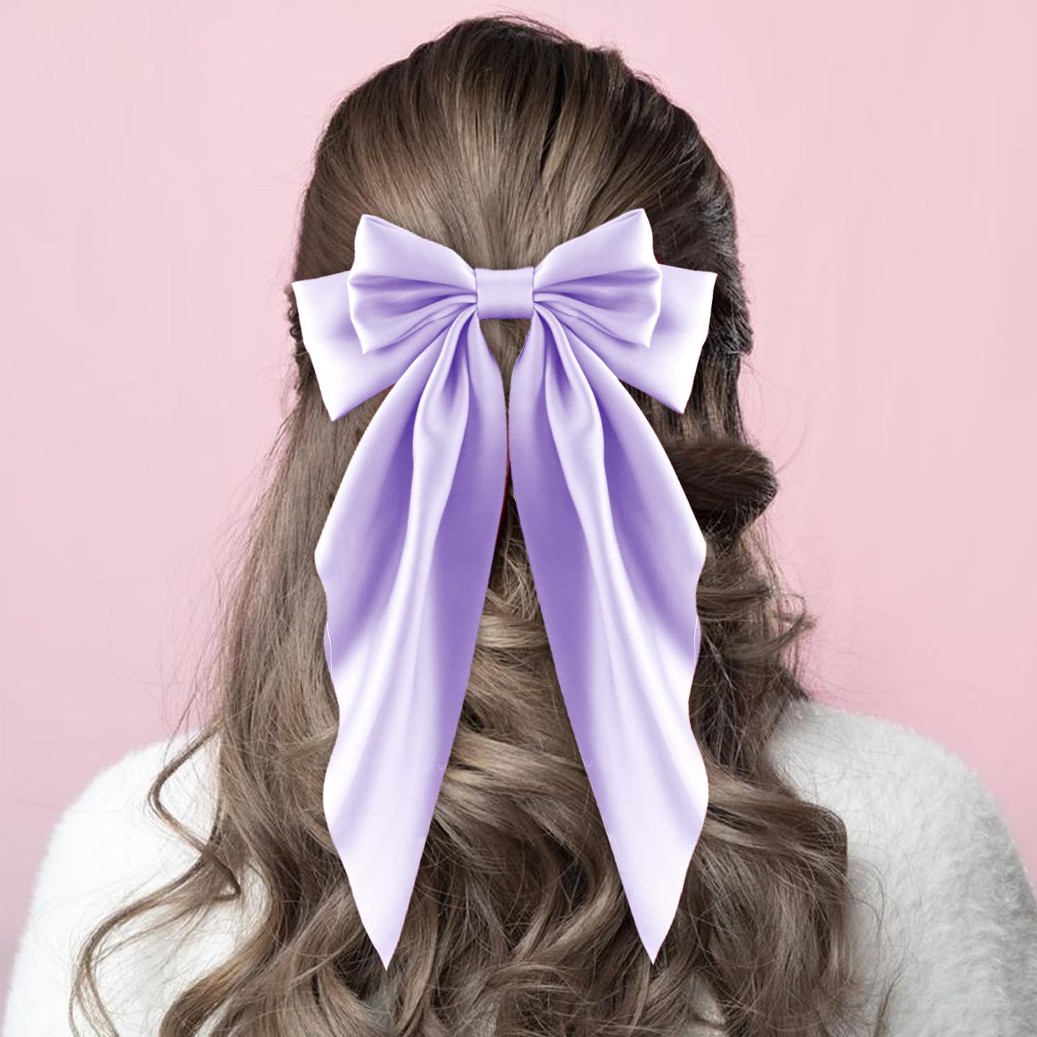 Atoden Women'S Hair Accessories - 4Pcs Oversized Satin Long Tail Bowknot Hair Clips With Metal Barrettes In Beige, Pink, Blue, P