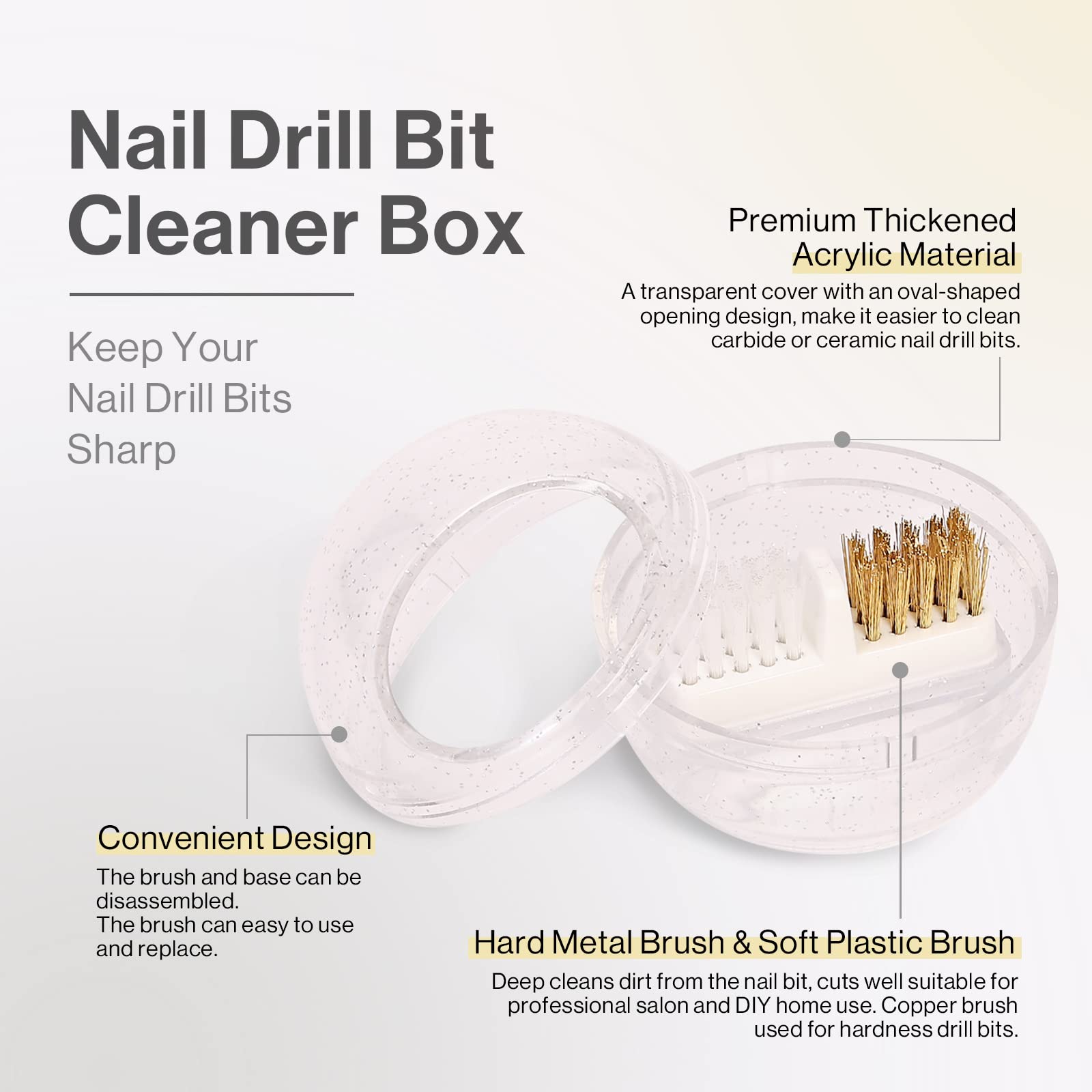 MelodySusie Nail Drill Bits Cleaner Brush Case with Clear Cover - White, for Tungsten Carbide & Ceramic Bits, Includes Double Brush